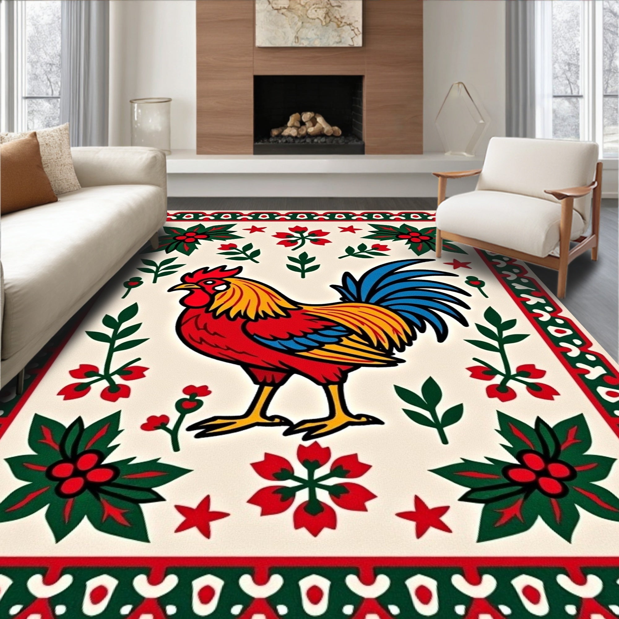 Vibrant Rooster Folk Art Rug