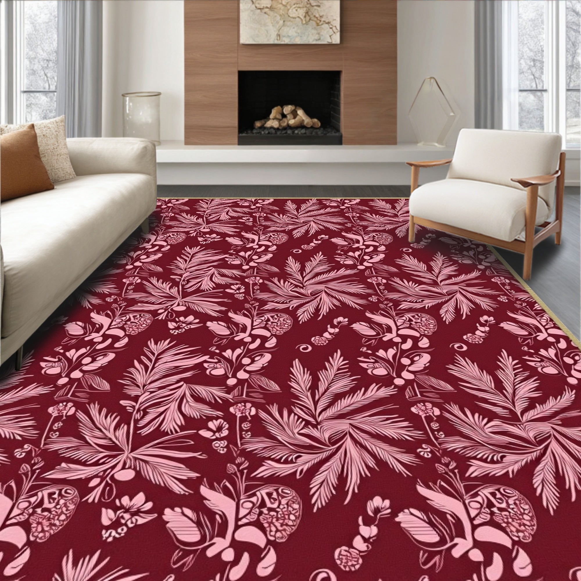 Crimson Pink Tropical Floral Swirl Textile Rug