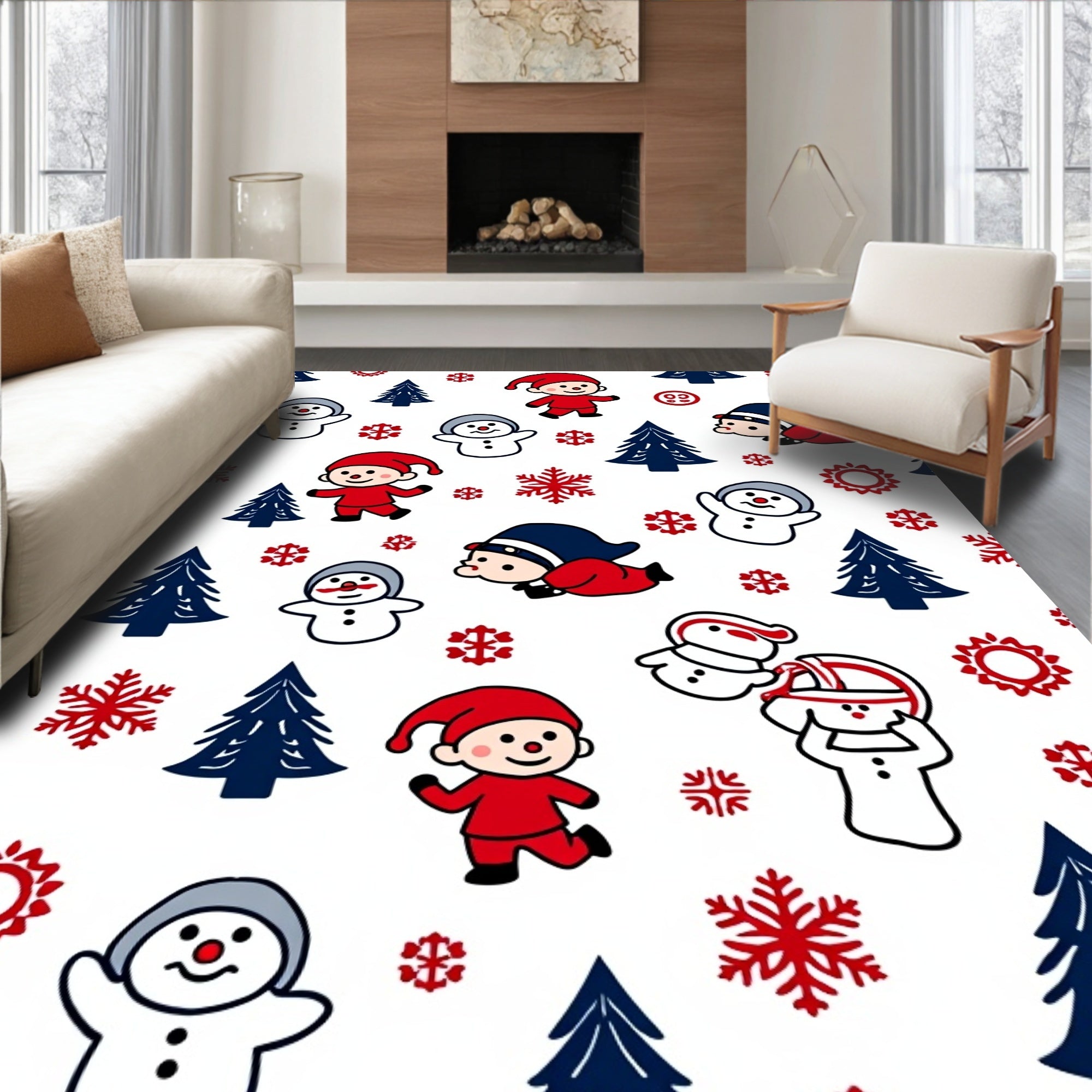 Kid Friendly Christmas Characters Snowflakes Trees Rug