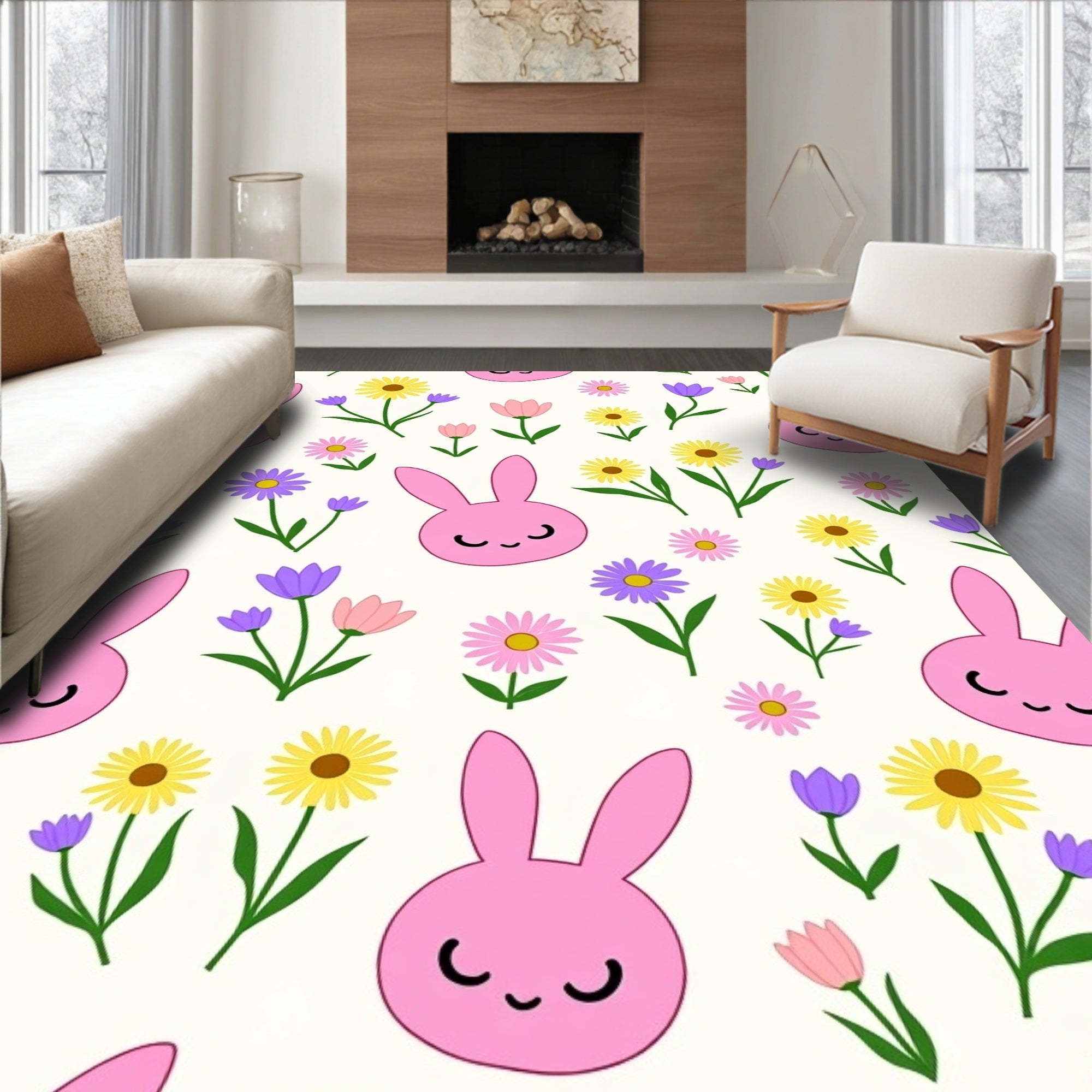 Cute Pink Bunny Spring Floral Meadow Rug