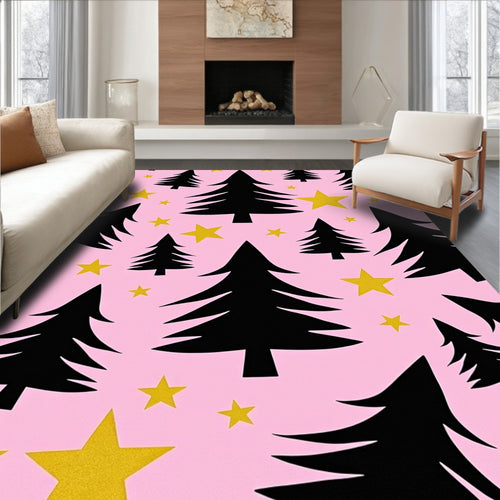 Black Tree Pink Star Christmas Rug