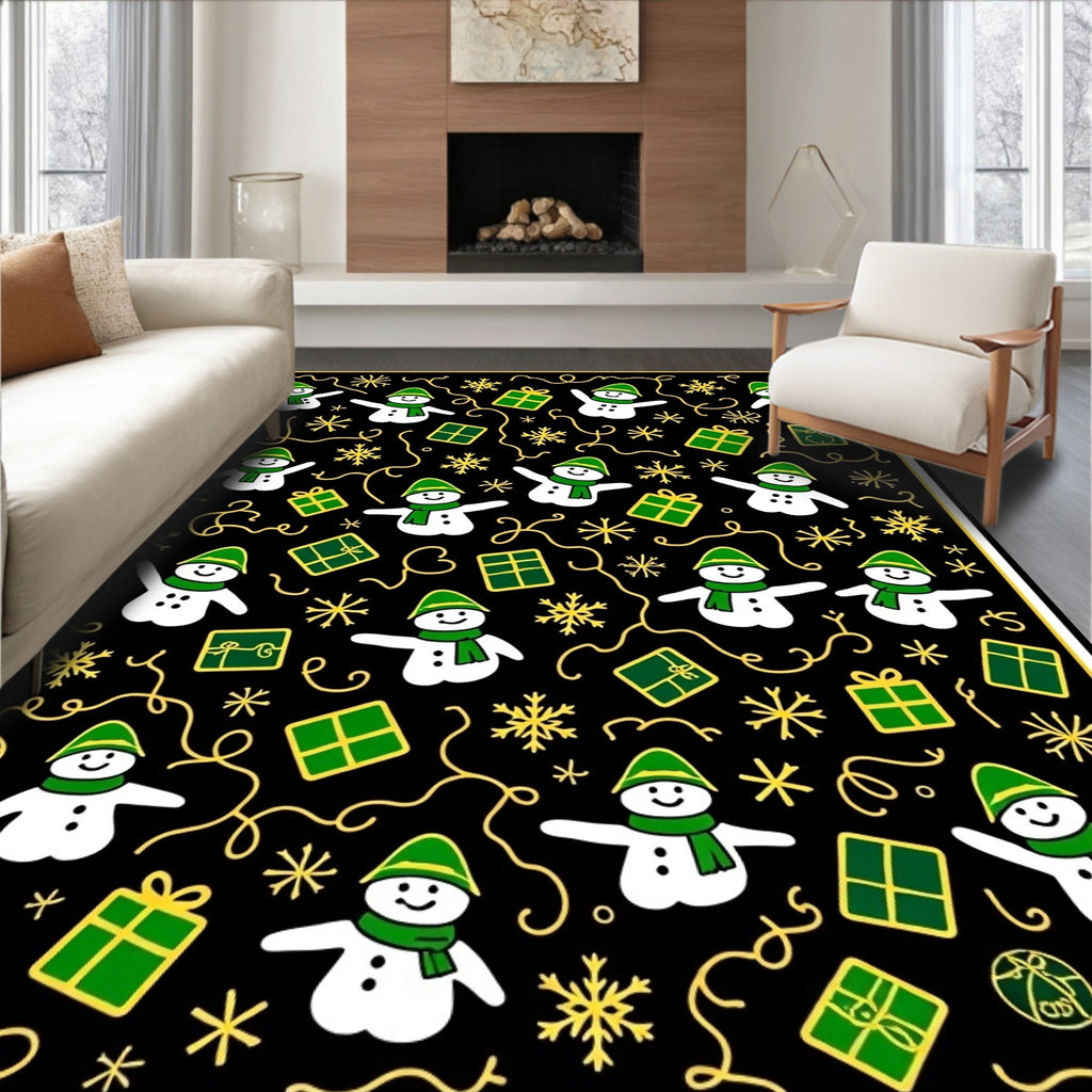Christmas Snowman Black Green Gift Snowflake Rug