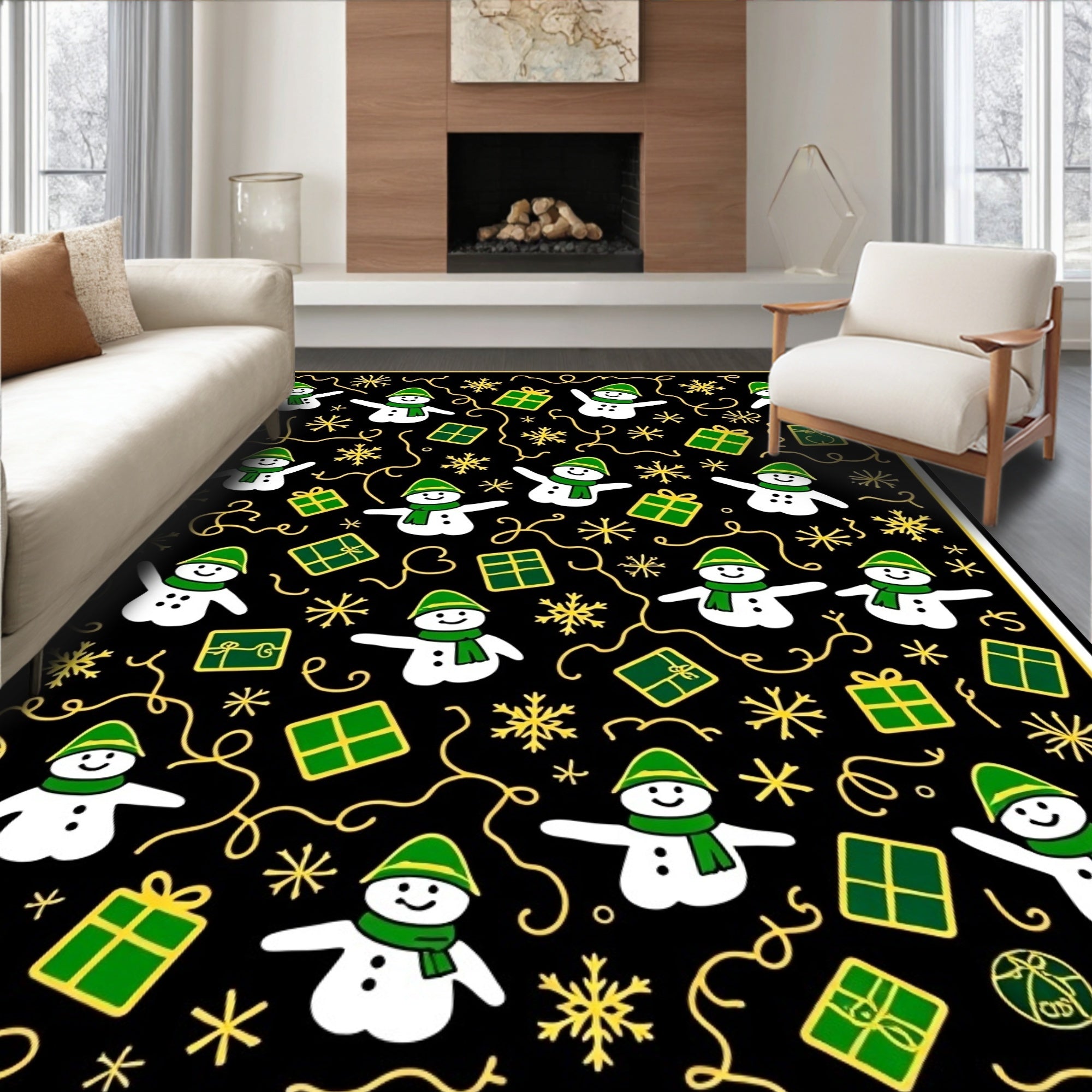 Christmas Snowman Black Green Gift Snowflake Rug