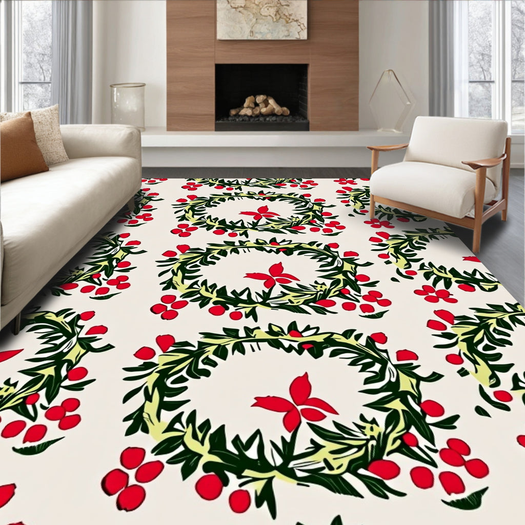 Red Berry Green Leaf Wreath Rug