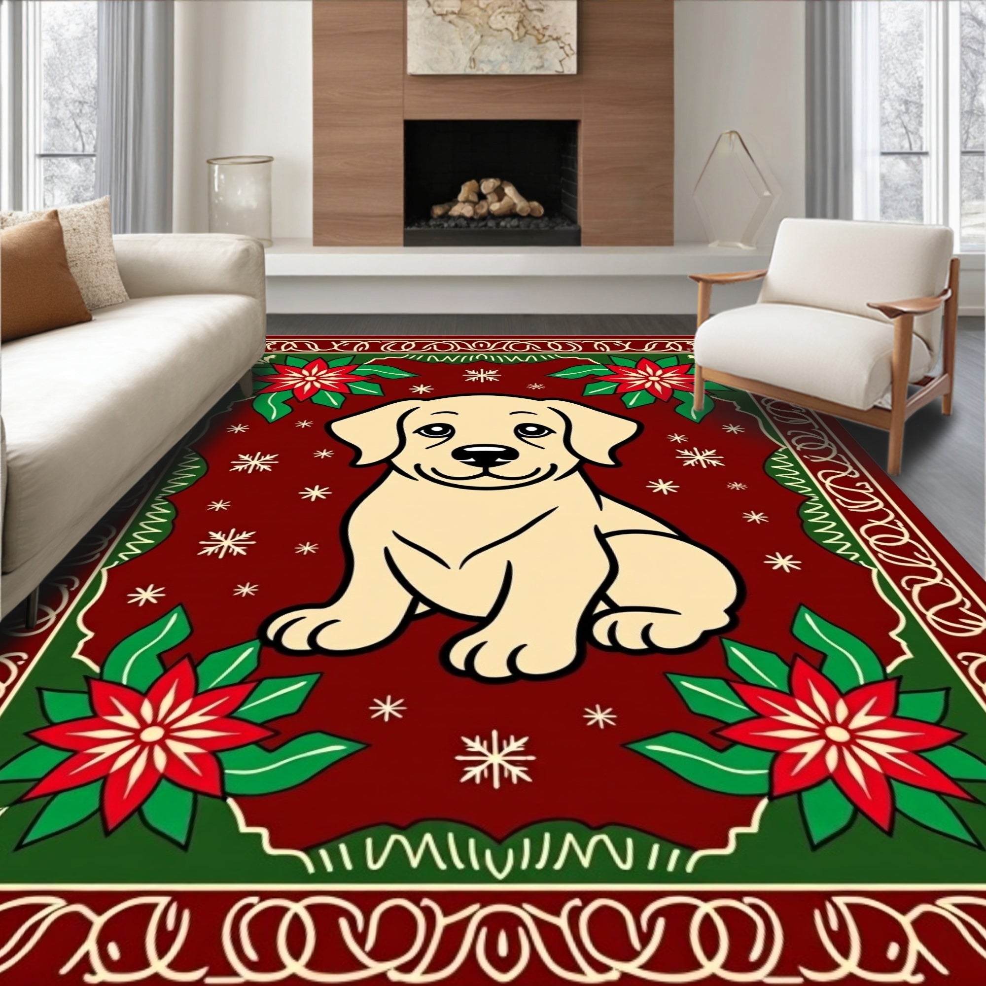 Festive Puppy Poinsettia Holiday Rug