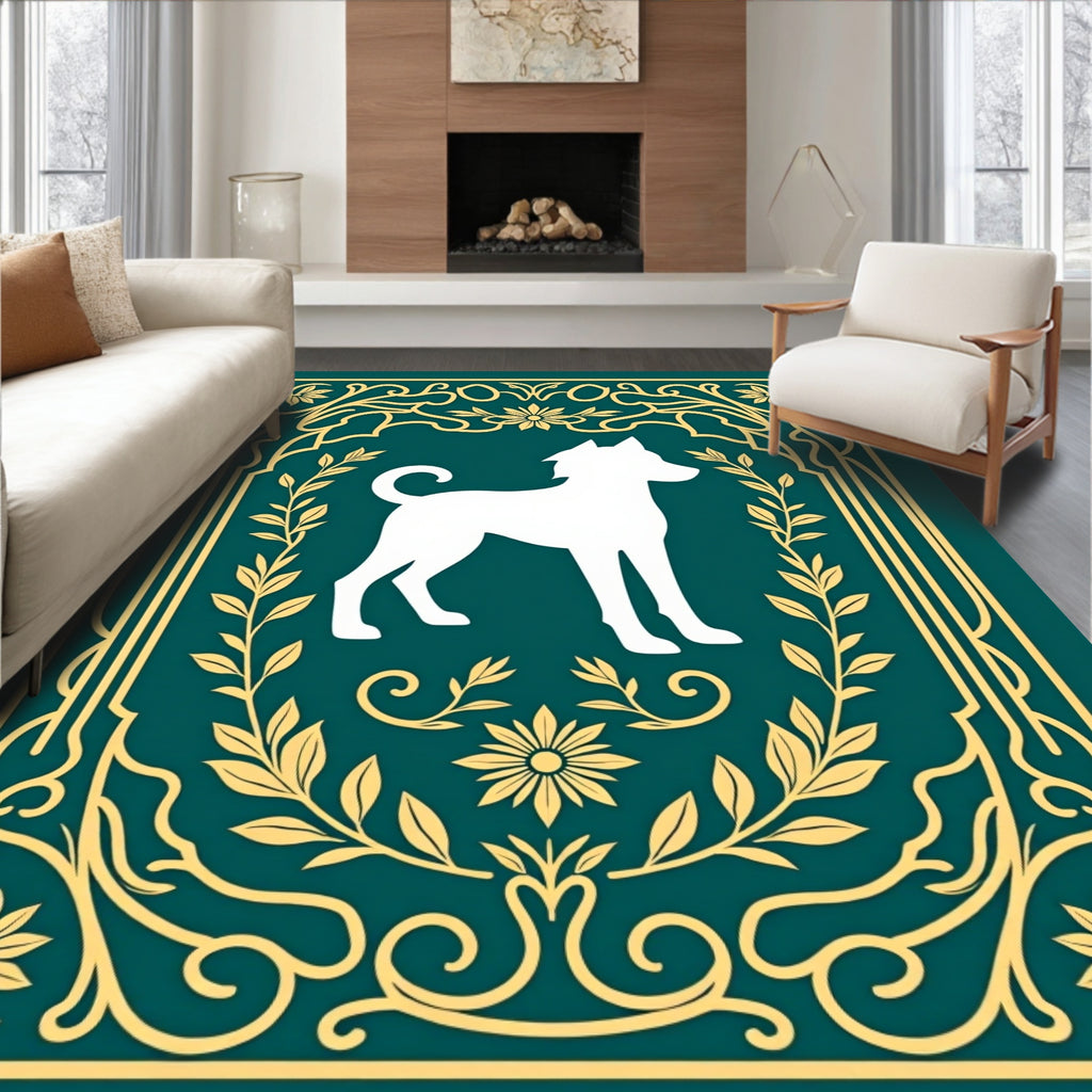 Golden Emerald Dog Silhouette Floral Border Rug