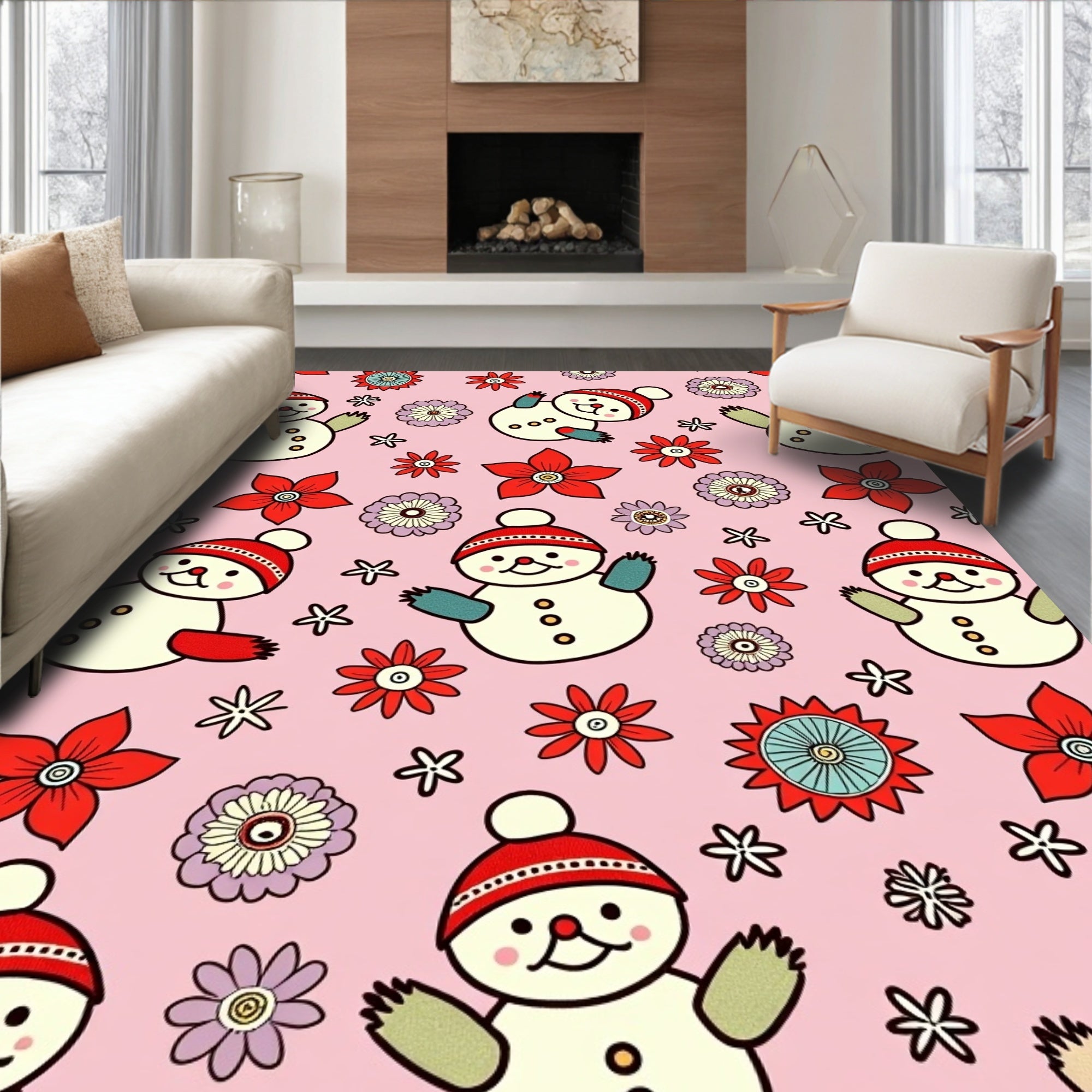 Whimsical Snowman Red Flower Pink Background Rug