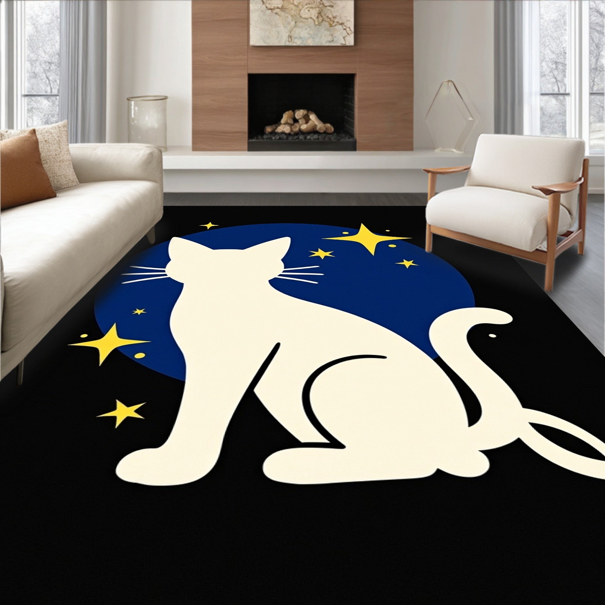 Cream Cat Yellow Stars Blue Moon Rug