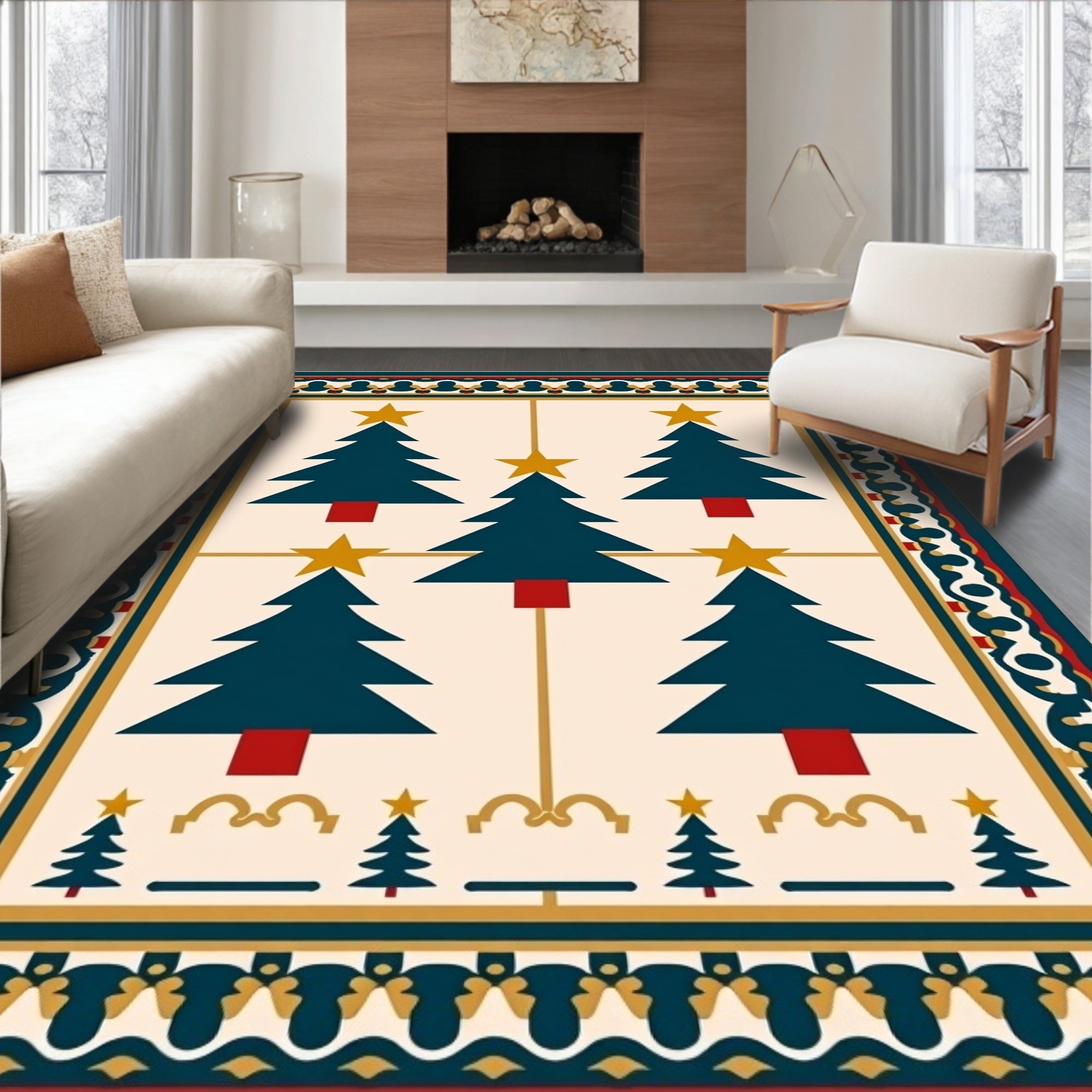 Festive Teal Christmas Trees With Stars Rug