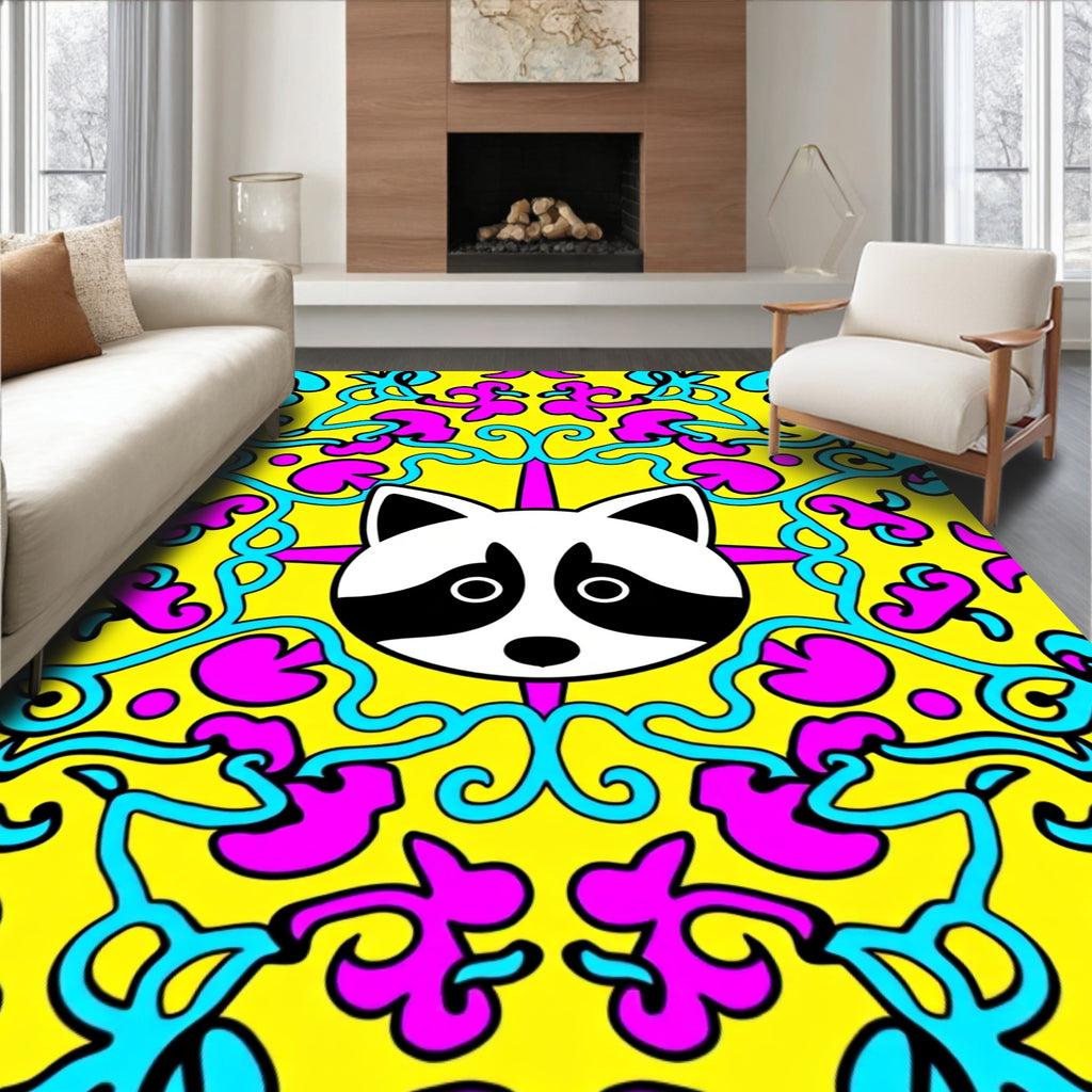 Whimsical Raccoon Bright Floral Swirl Rug