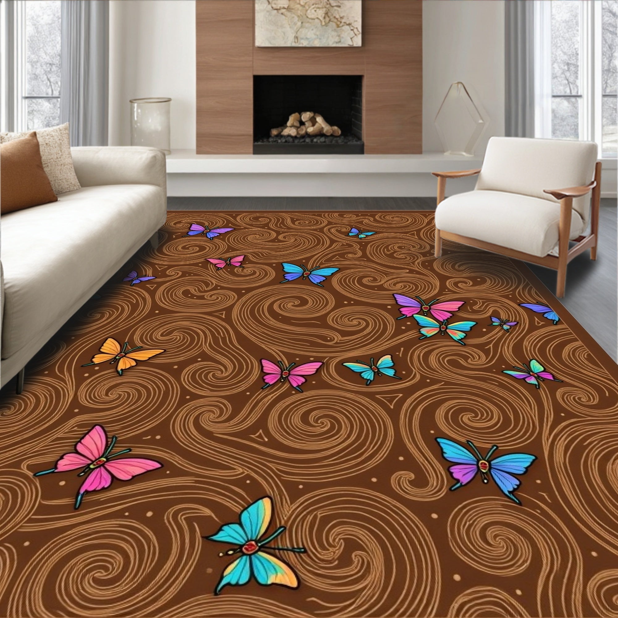 Colorful Butterfly Swirls Brown Rug