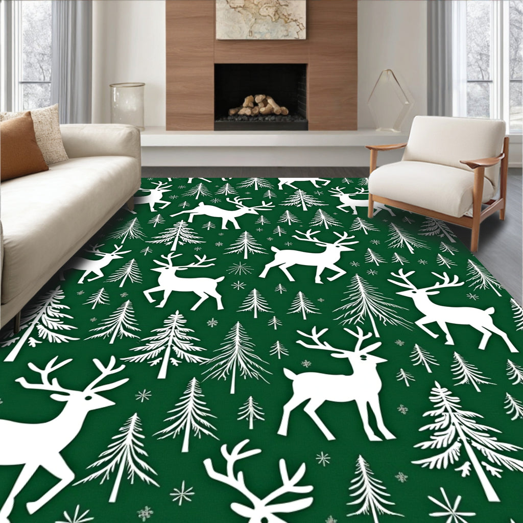 White Deer Forest Christmas Scene Rug