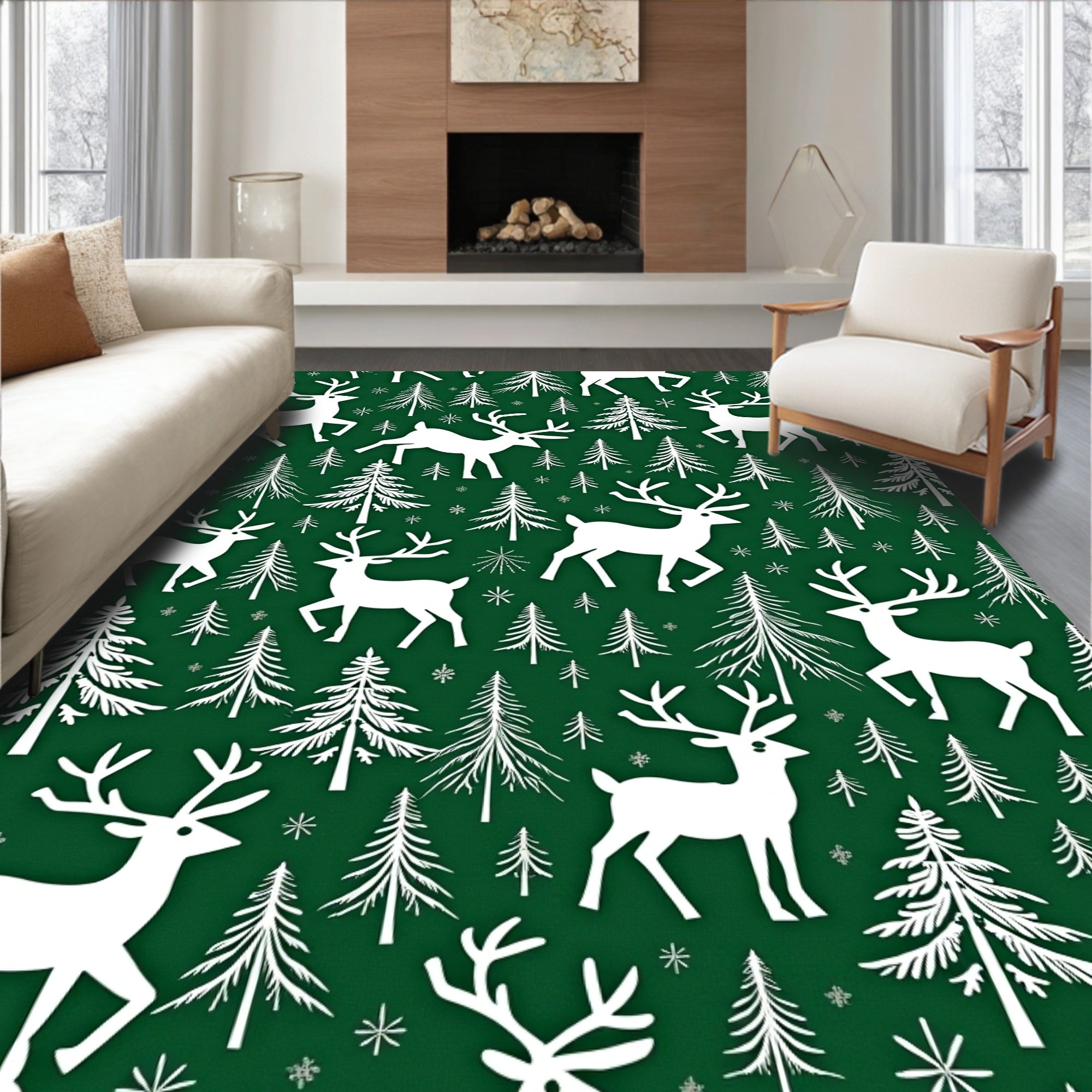 White Deer Forest Christmas Scene Rug
