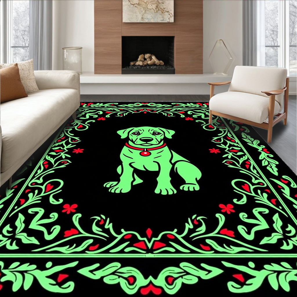 Whimsical Green Dog Floral Border Rug
