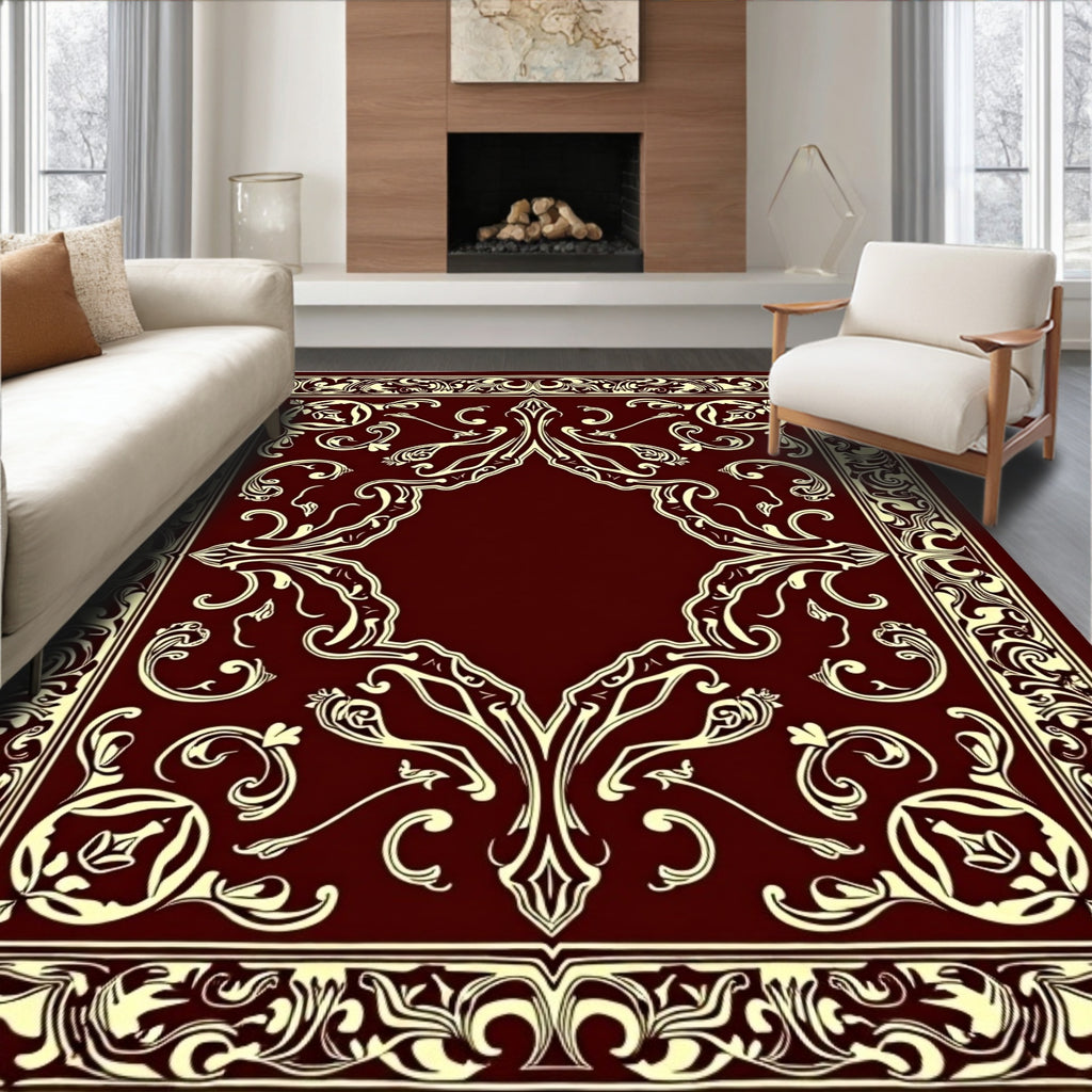 Rich Crimson Ivory Ornate Scrollwork Rug