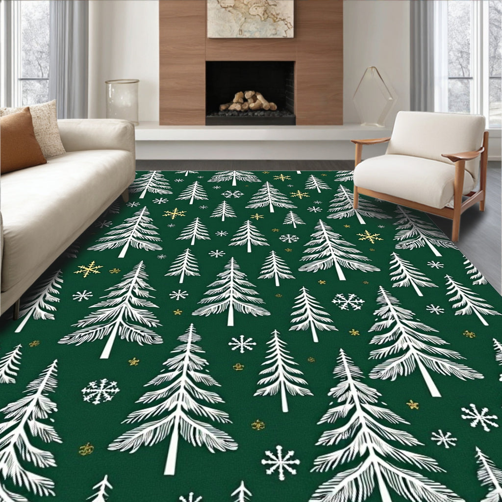 Festive Evergreen Trees Golden Snowflakes Rug