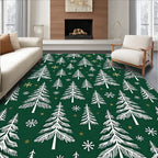 Festive Evergreen Trees Golden Snowflakes Rug