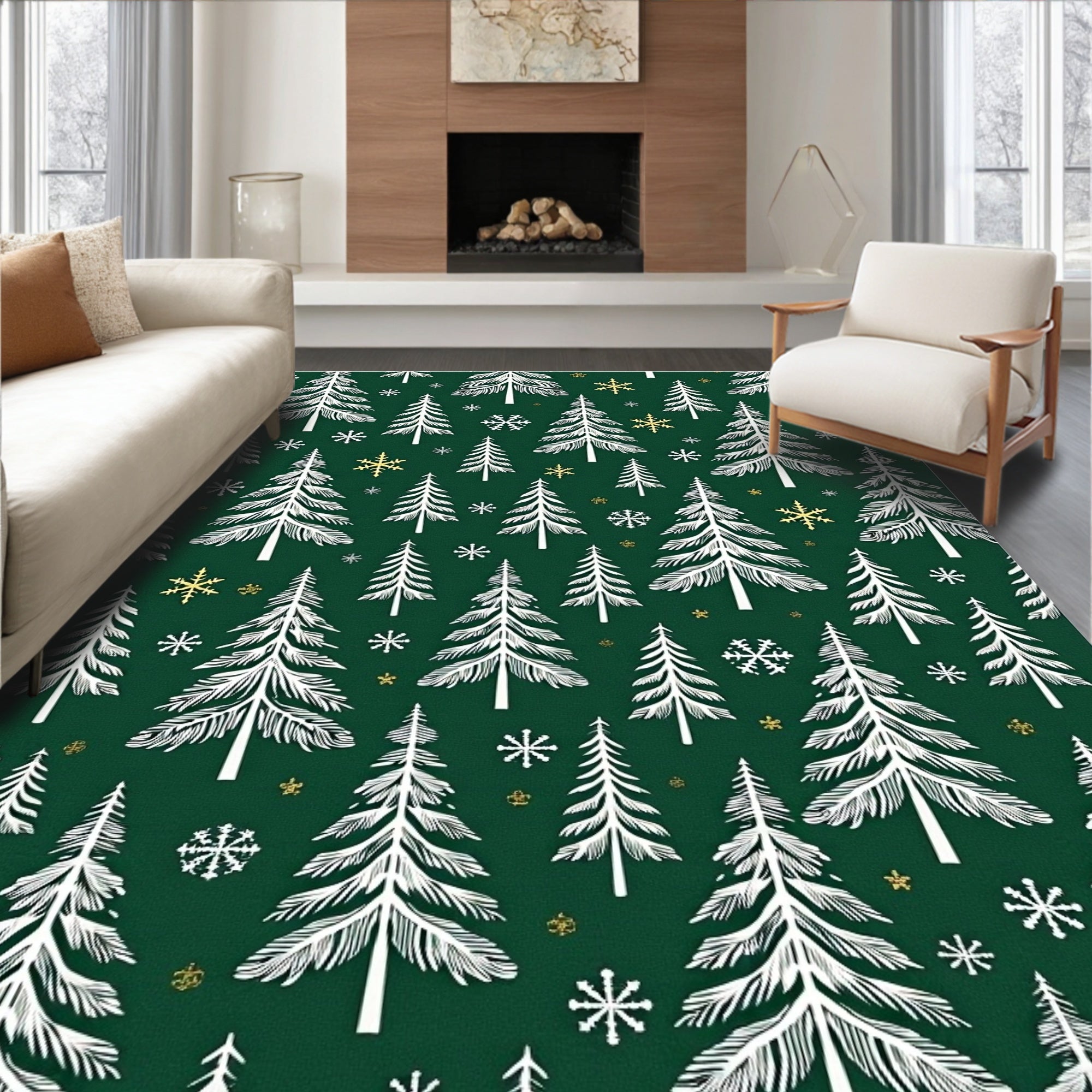 Festive Evergreen Trees Golden Snowflakes Rug