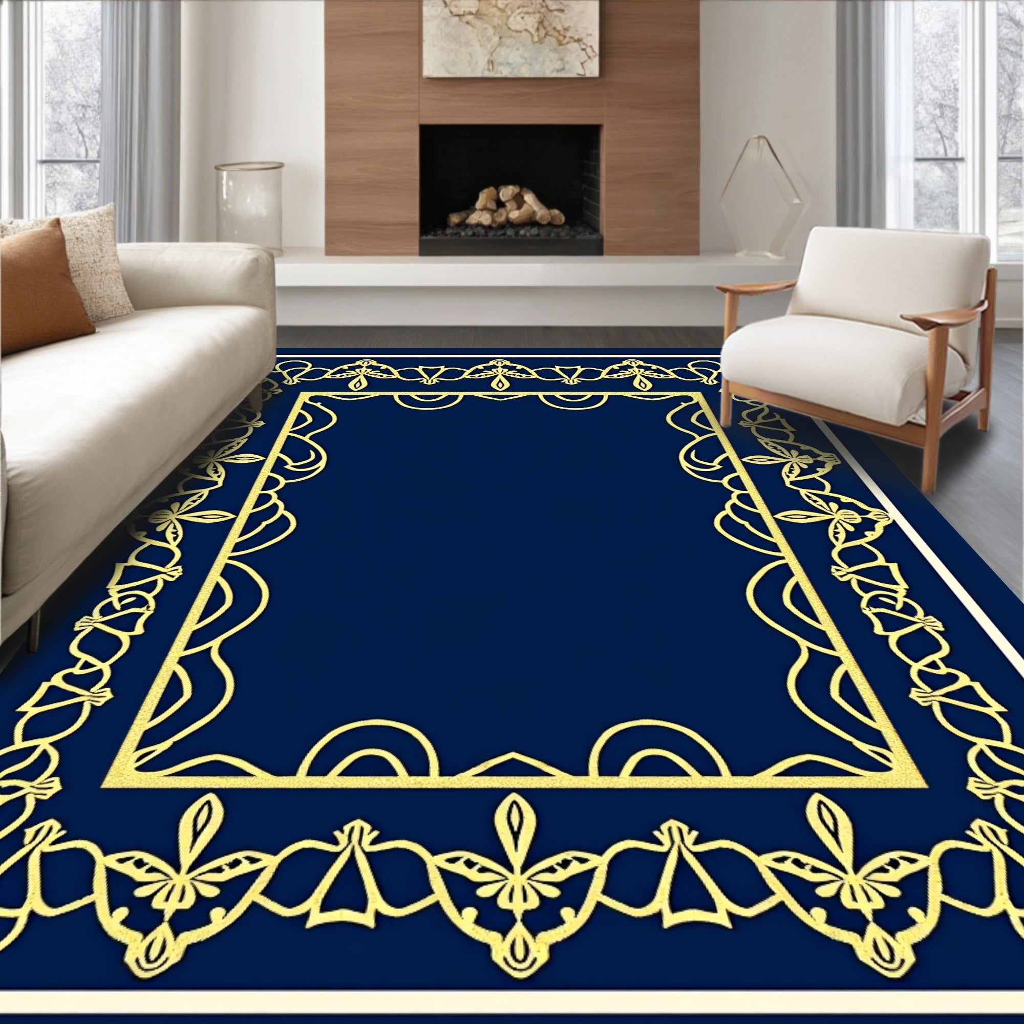Golden Navy Floral Filigree Rectangle Rug