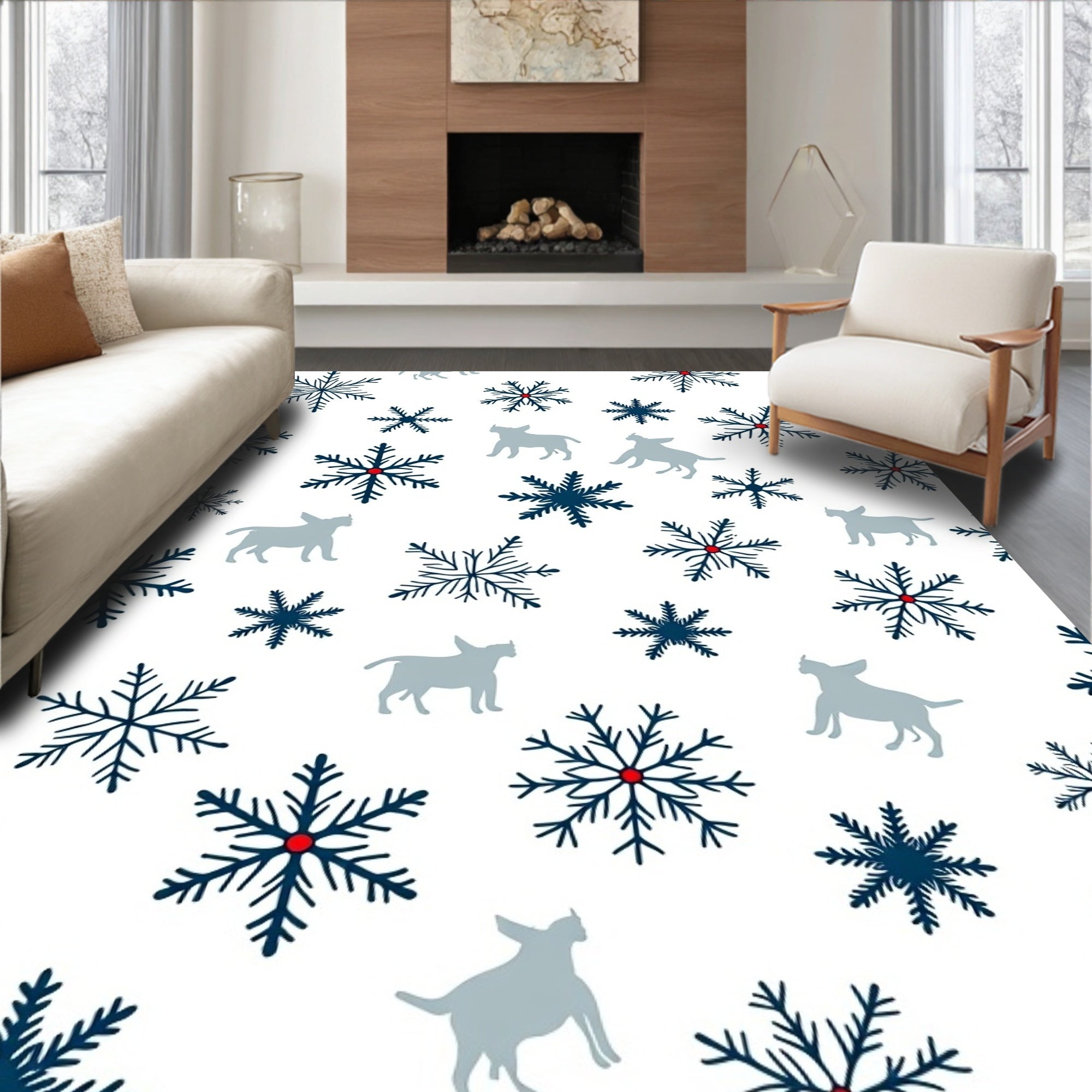 Blue Snowflake Gray Dog Winter Scene Rug