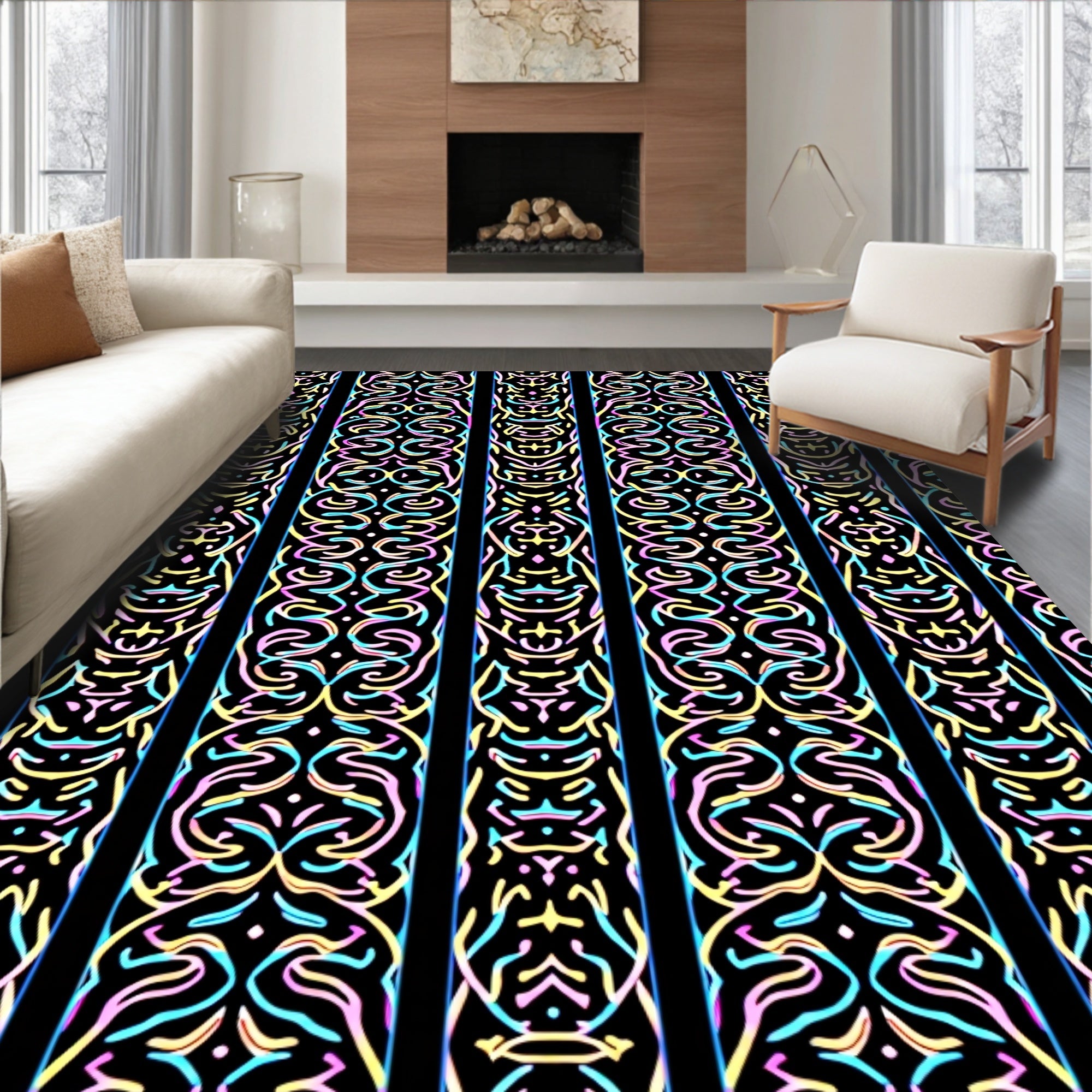 Pastel Colored Ornate Stripe Rug