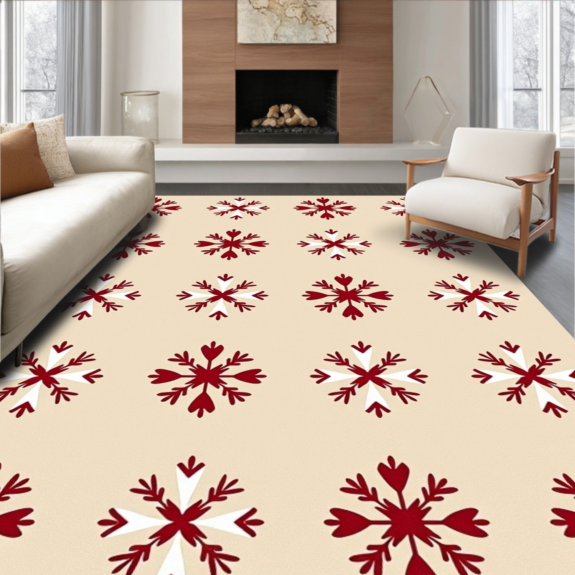 Crimson White Snowflake Repeat Rug