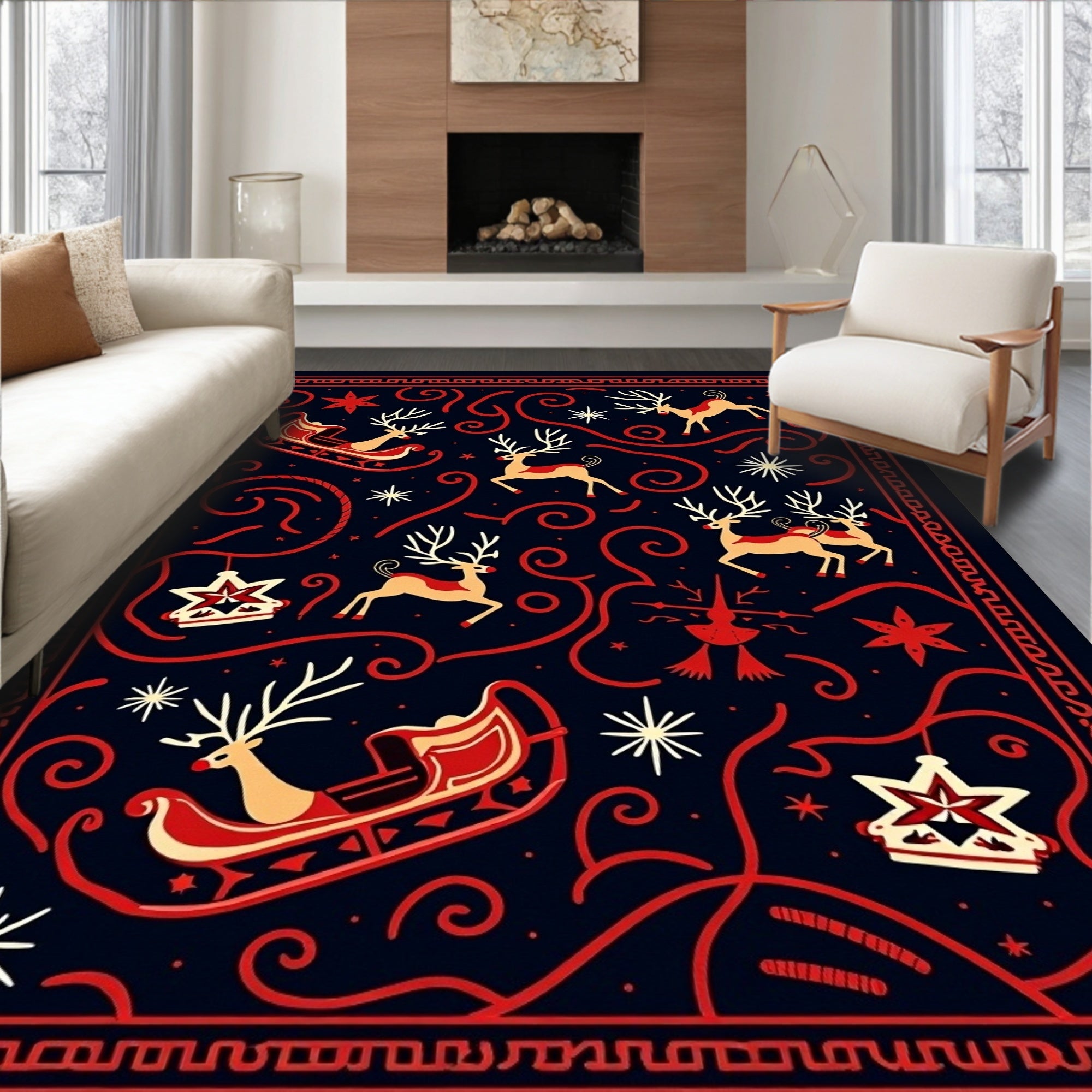 Crimson Reindeer Sleigh Midnight Swirls Rug
