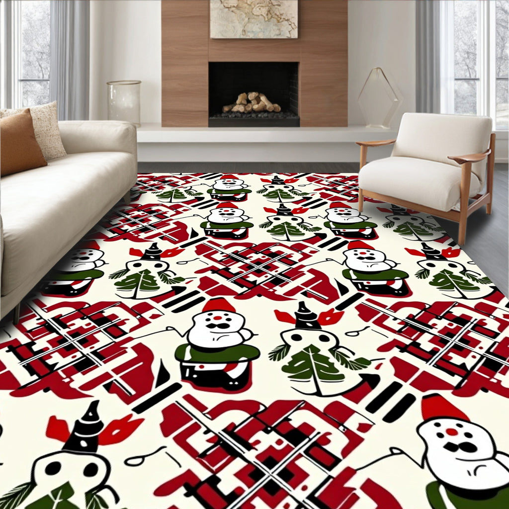 Crimson White Snowman Christmas Trees Rug