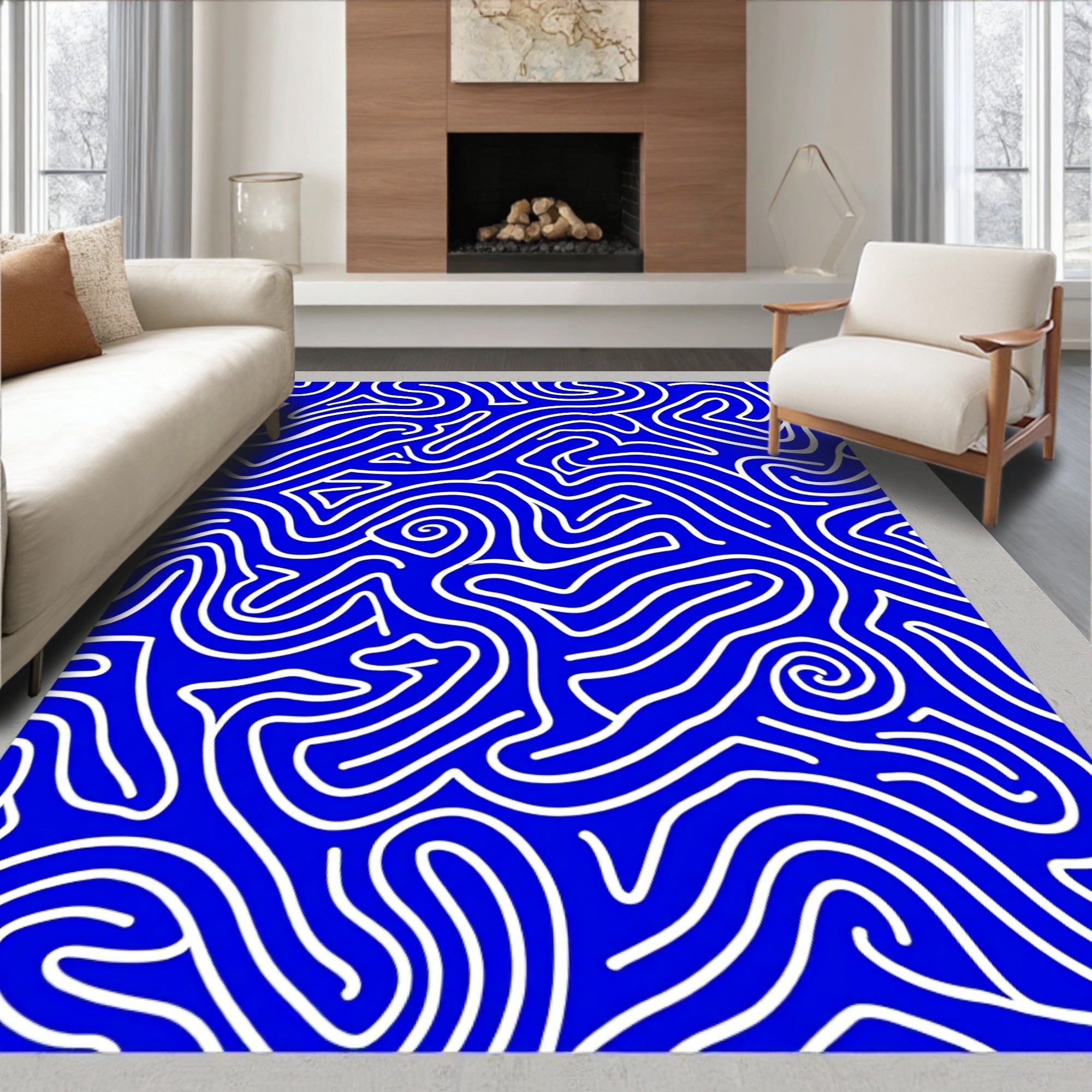 Dynamic Blue White Flowing Lines Rug