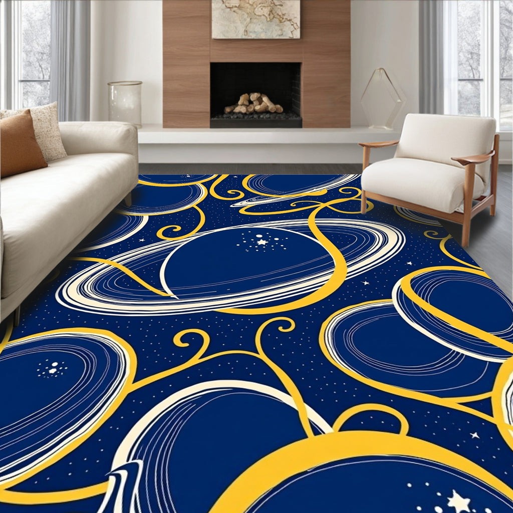 Cosmic Gold and Blue Planet Rings Rug