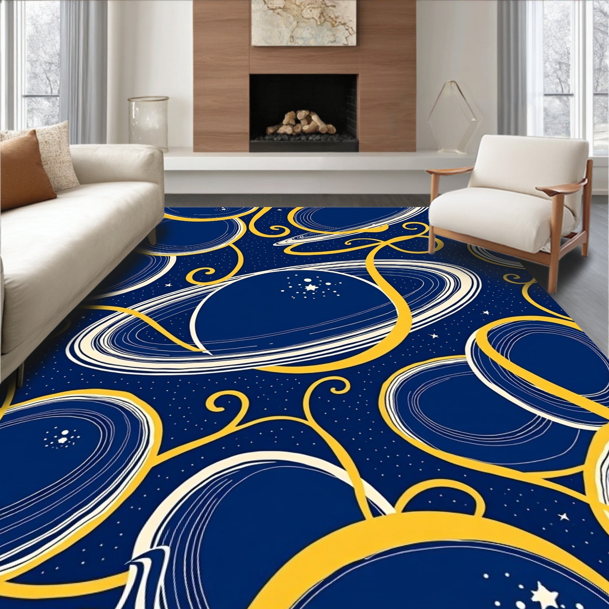 Cosmic Gold and Blue Planet Rings Rug