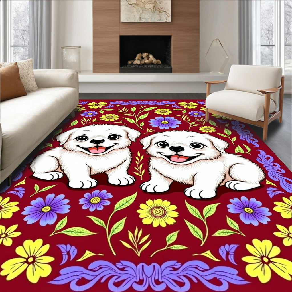 Playful White Puppies Floral Border Rug