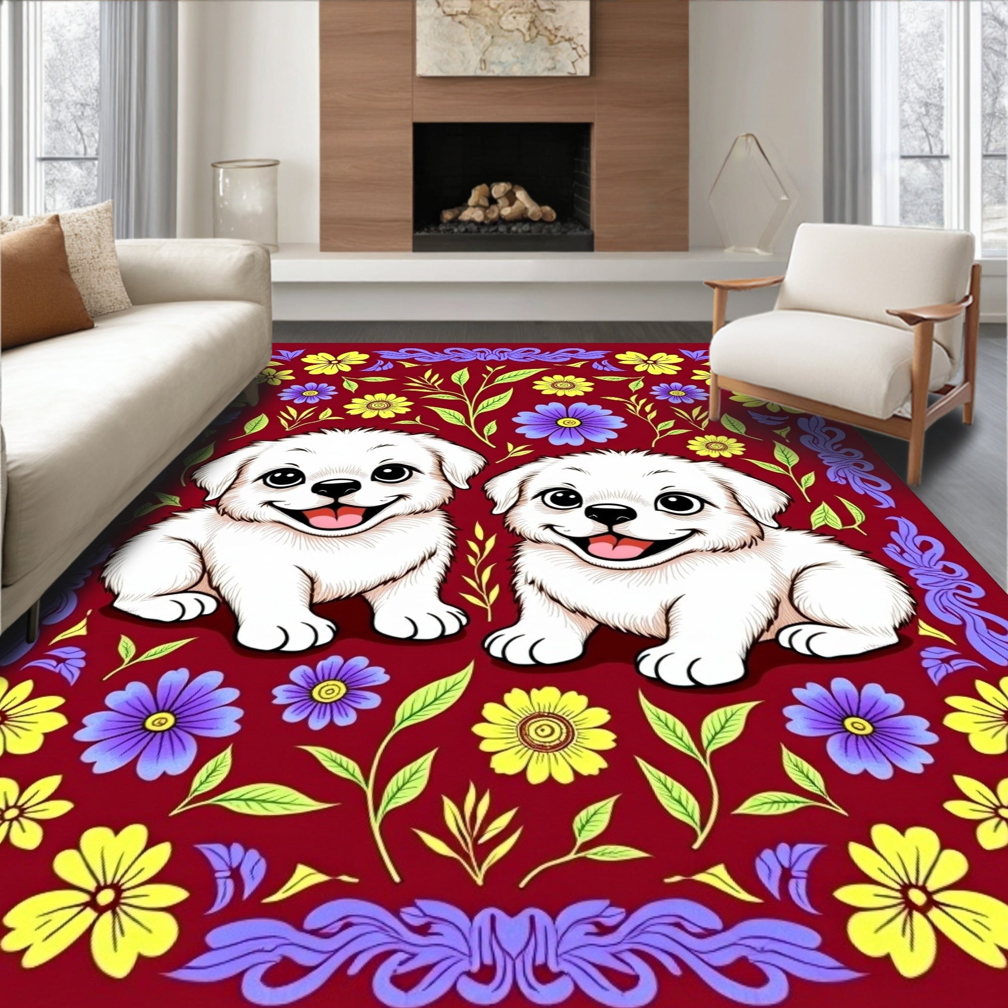 Playful White Puppies Floral Border Rug