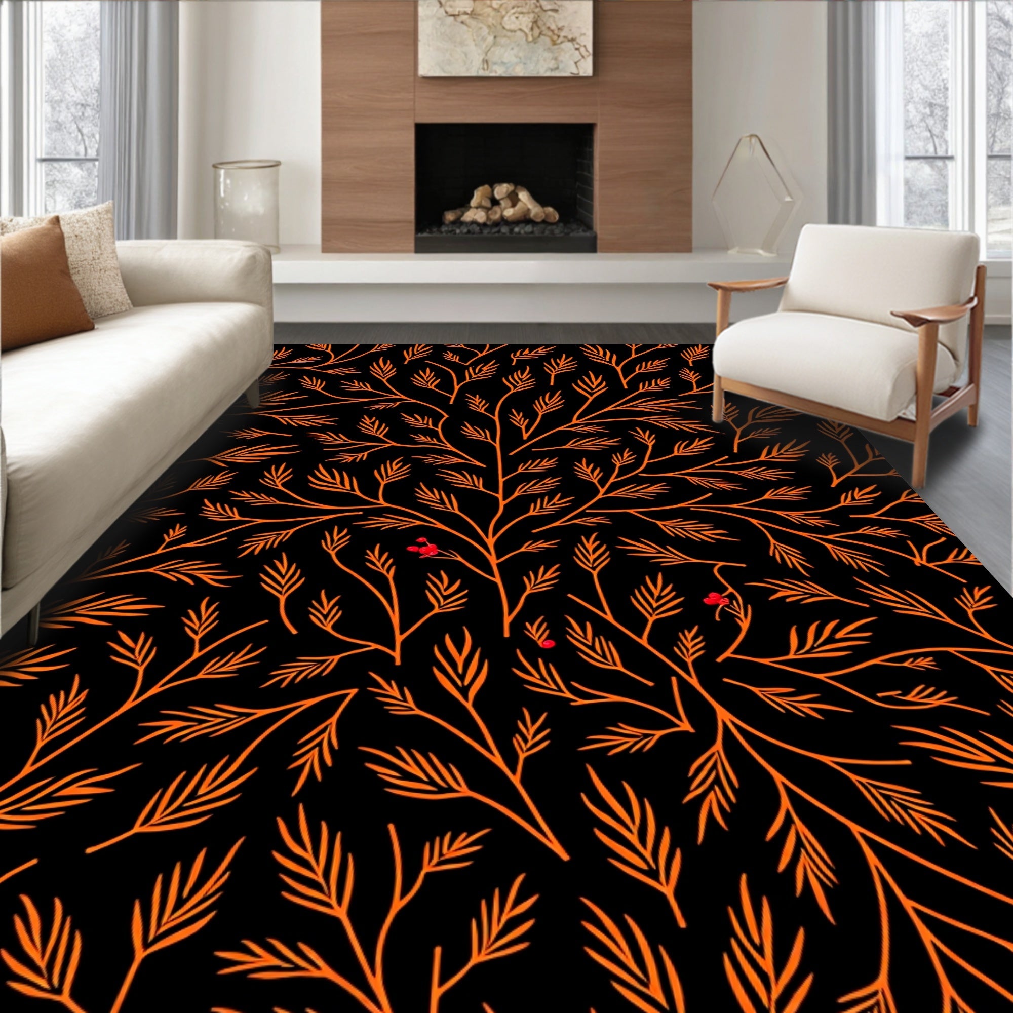 Orange Branches with Red Berries Rug