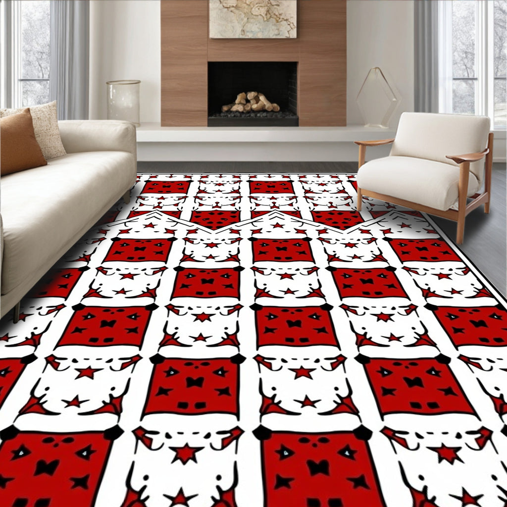 Red White Geometric Star Grid Rug