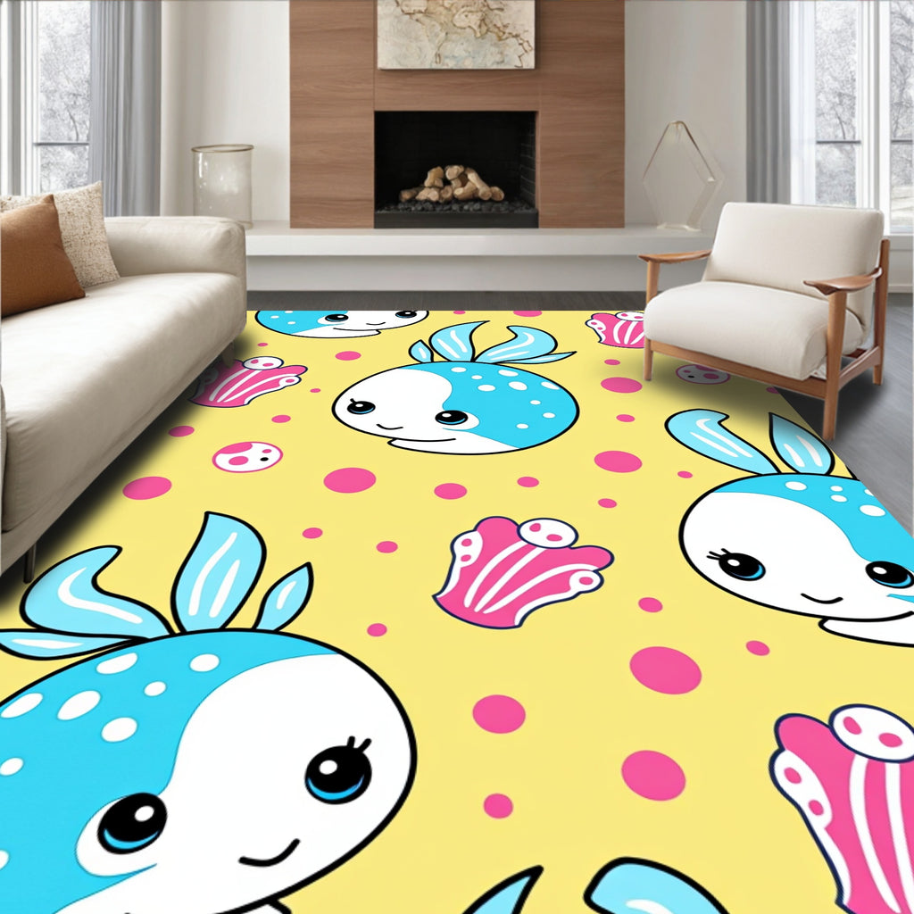 Cute Blue Fish Pink Seashells Yellow Rug