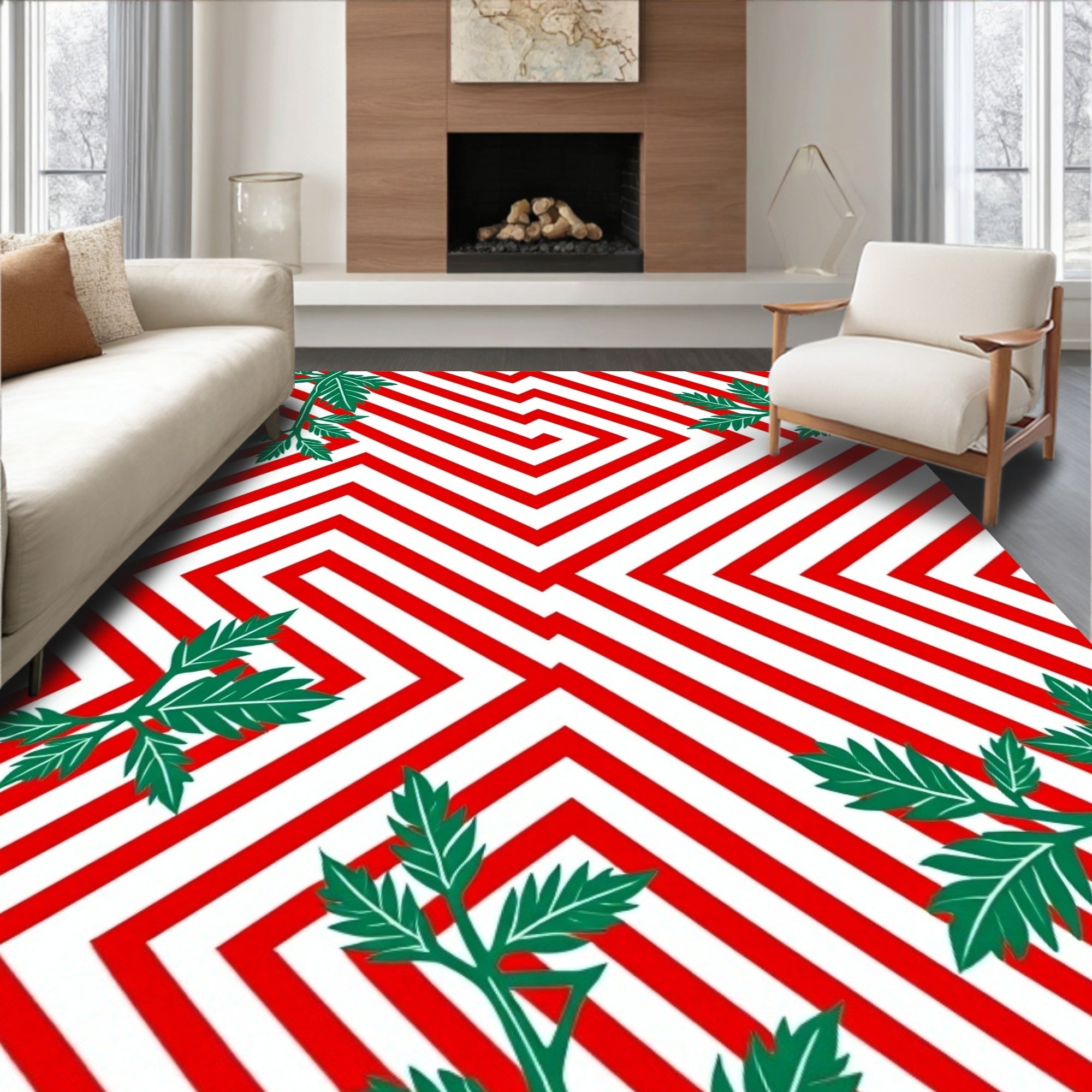 Red White Geometric Foliage Maze Rug