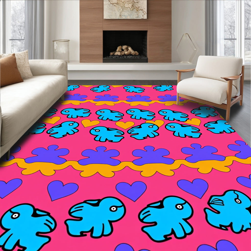 Playful blue creatures and hearts Rug