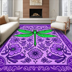 Vibrant Green Dragonfly Purple Floral Embrace Rug
