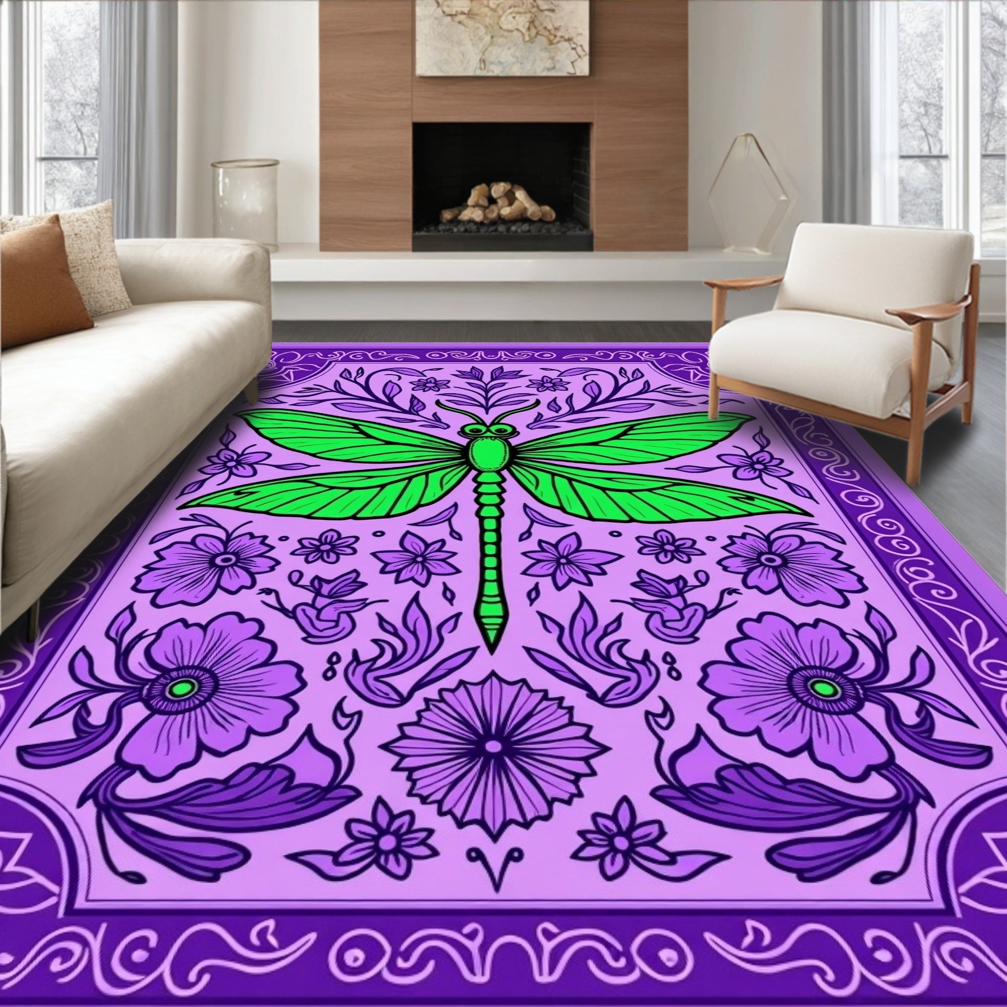 Vibrant Green Dragonfly Purple Floral Embrace Rug