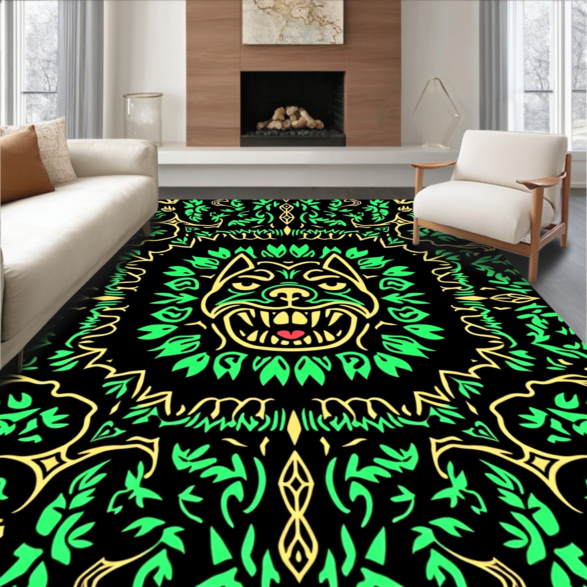Bold Yellow and Green Dog Frame Rug