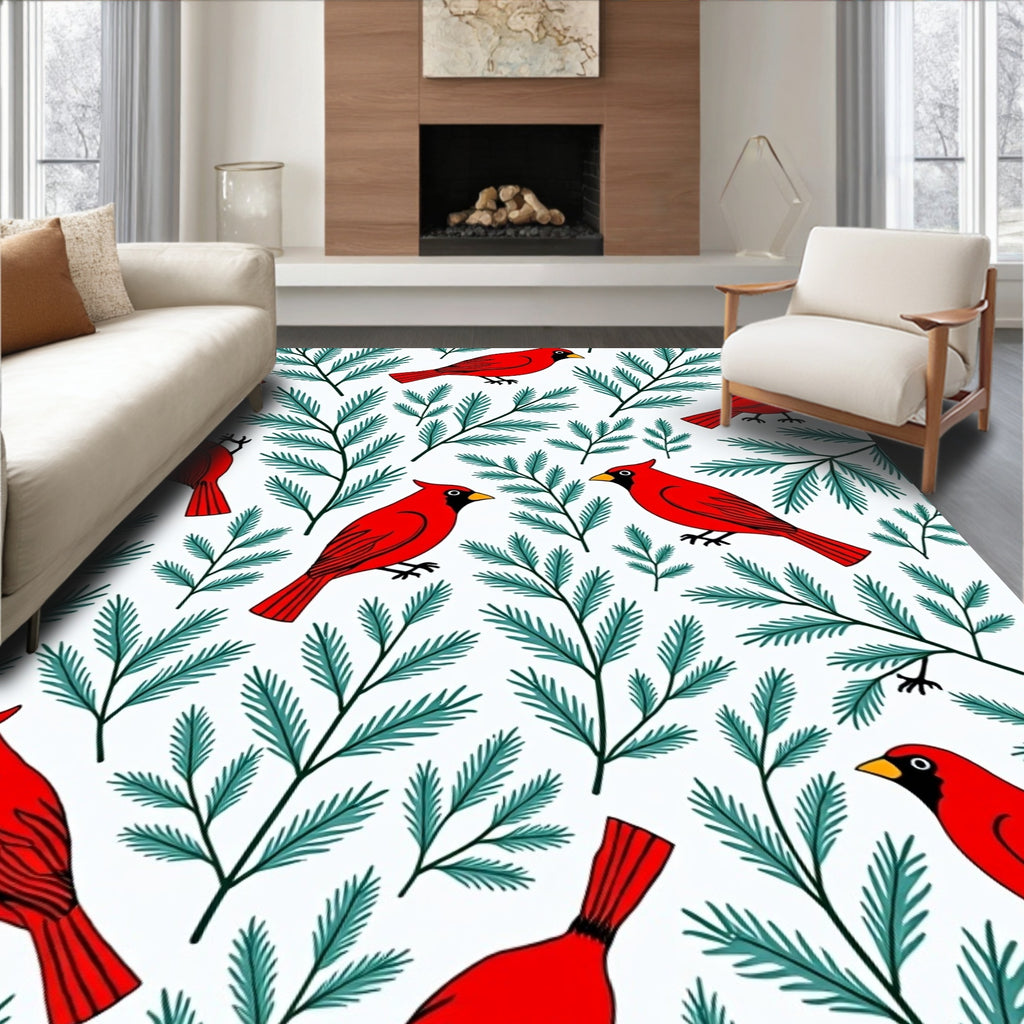 Red Cardinal Evergreen Branch Repeat Rug