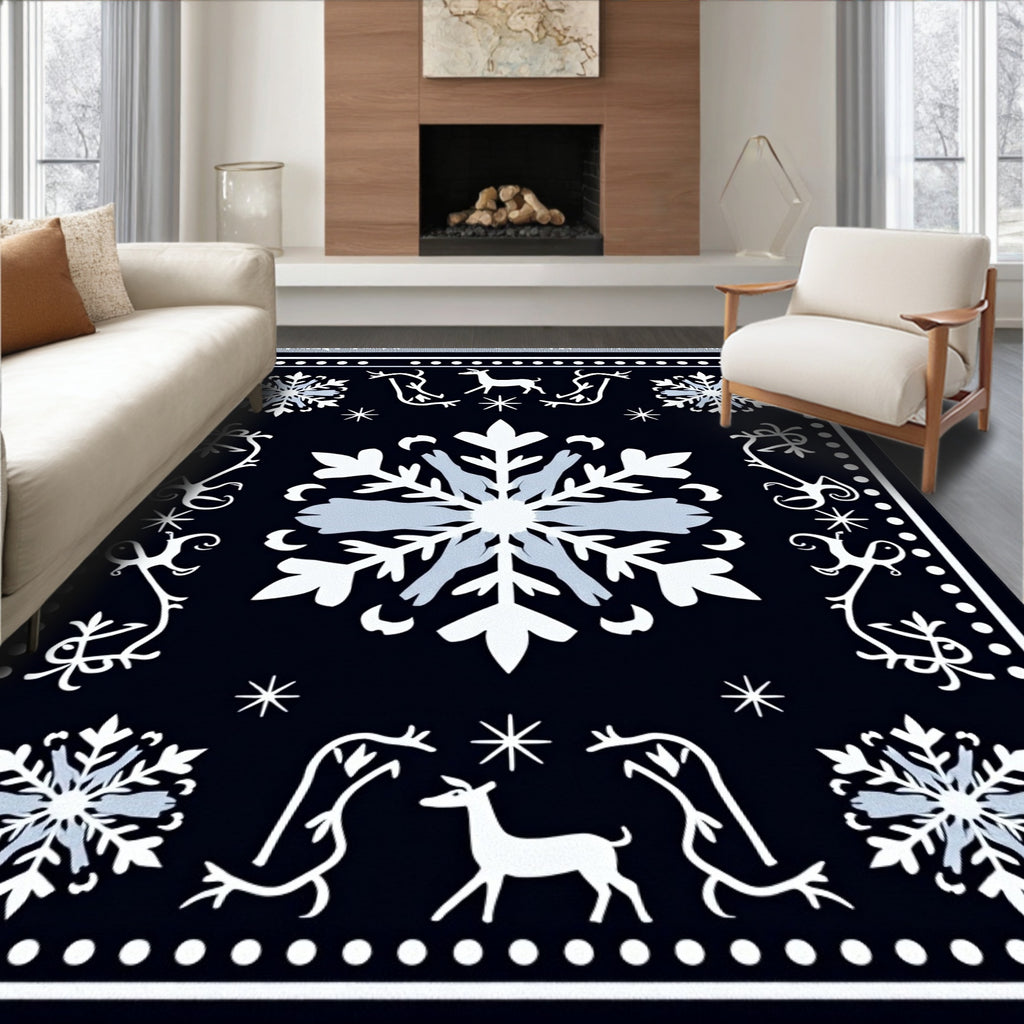 Winter Navy Snowflake And Deer Rug