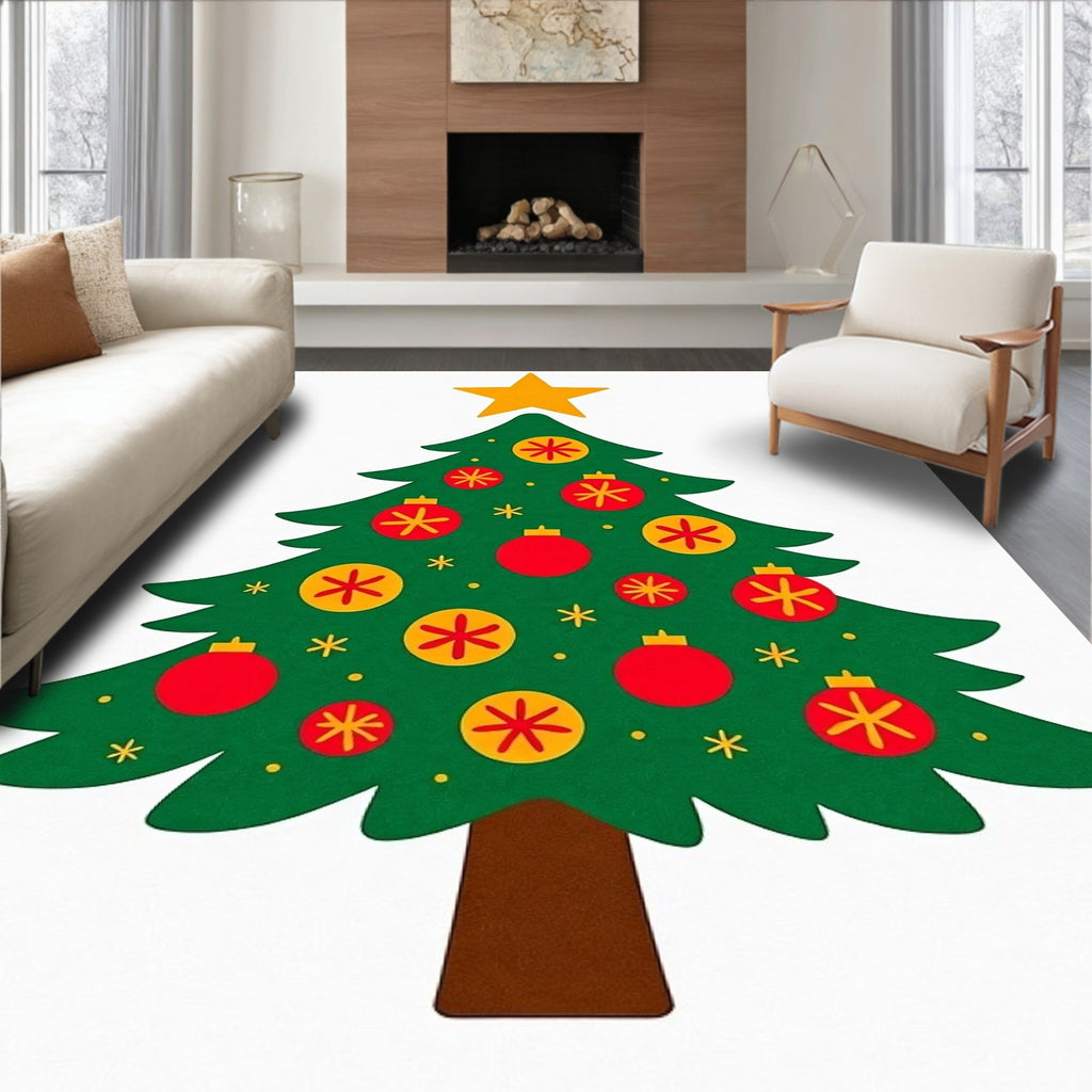 Festive Green Christmas Tree Star Ornaments Rug
