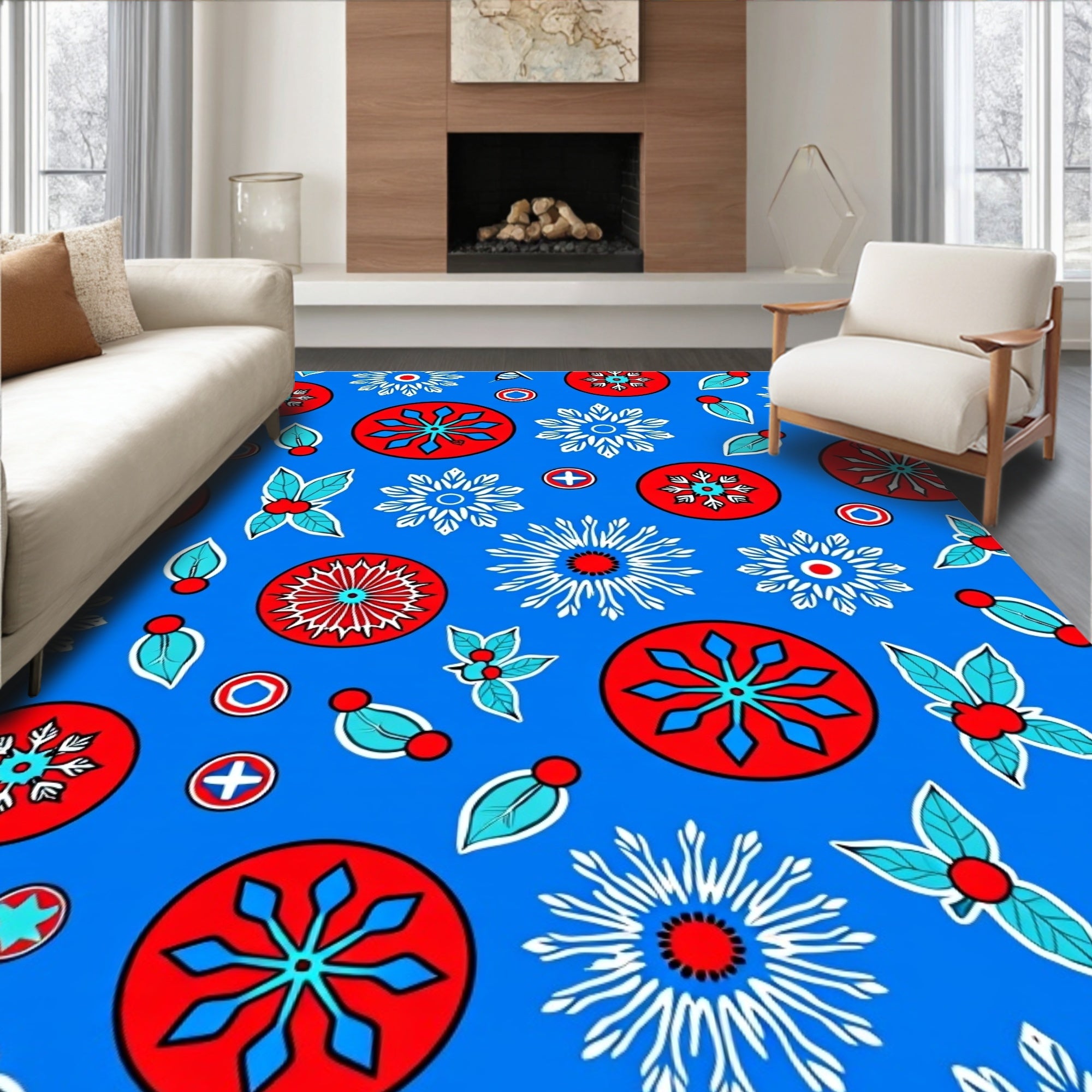 Bold Red Radial Starburst Blue Rug