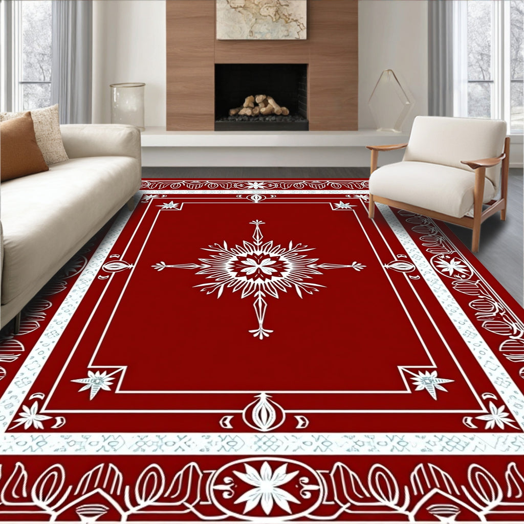 Crimson White Intricate Floral Border Rug