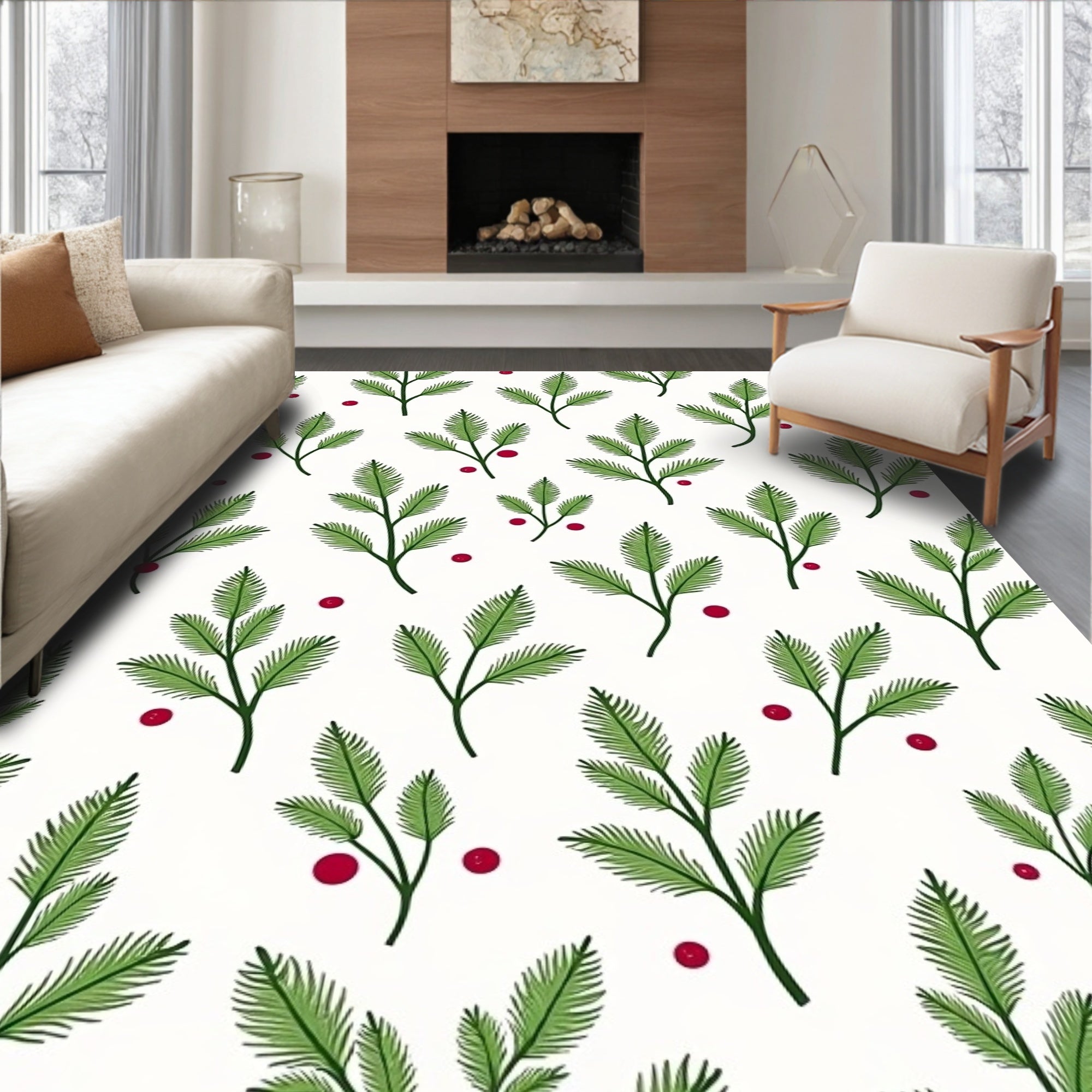 Green Fir Branch Red Berry Arrangement Rug