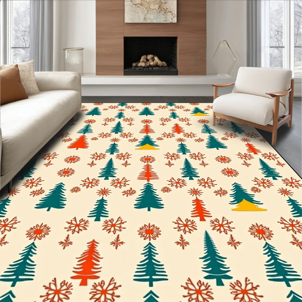 Festive Red Teal Tree Snowflurry Rug
