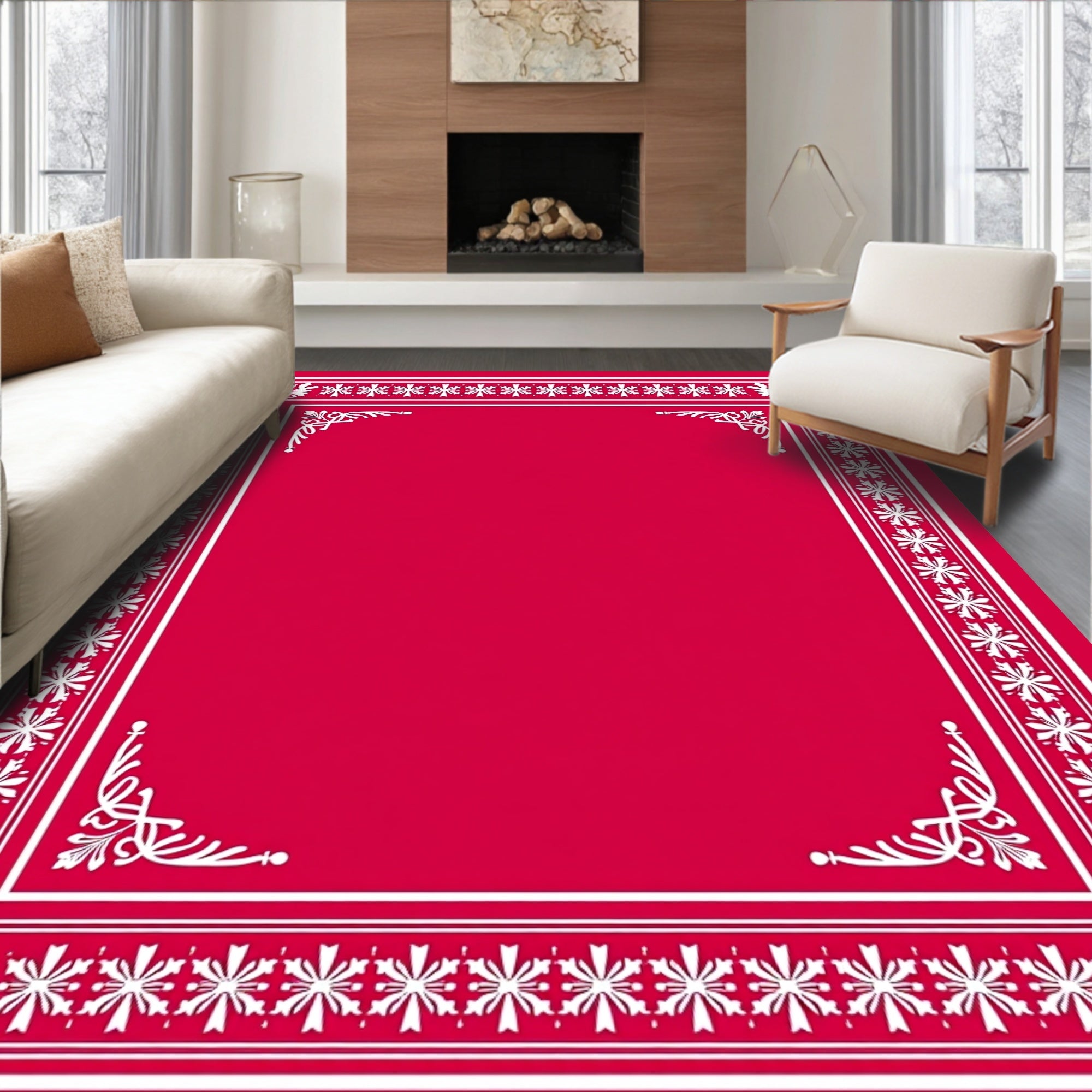 Crimson White Floral Border Accent Rug