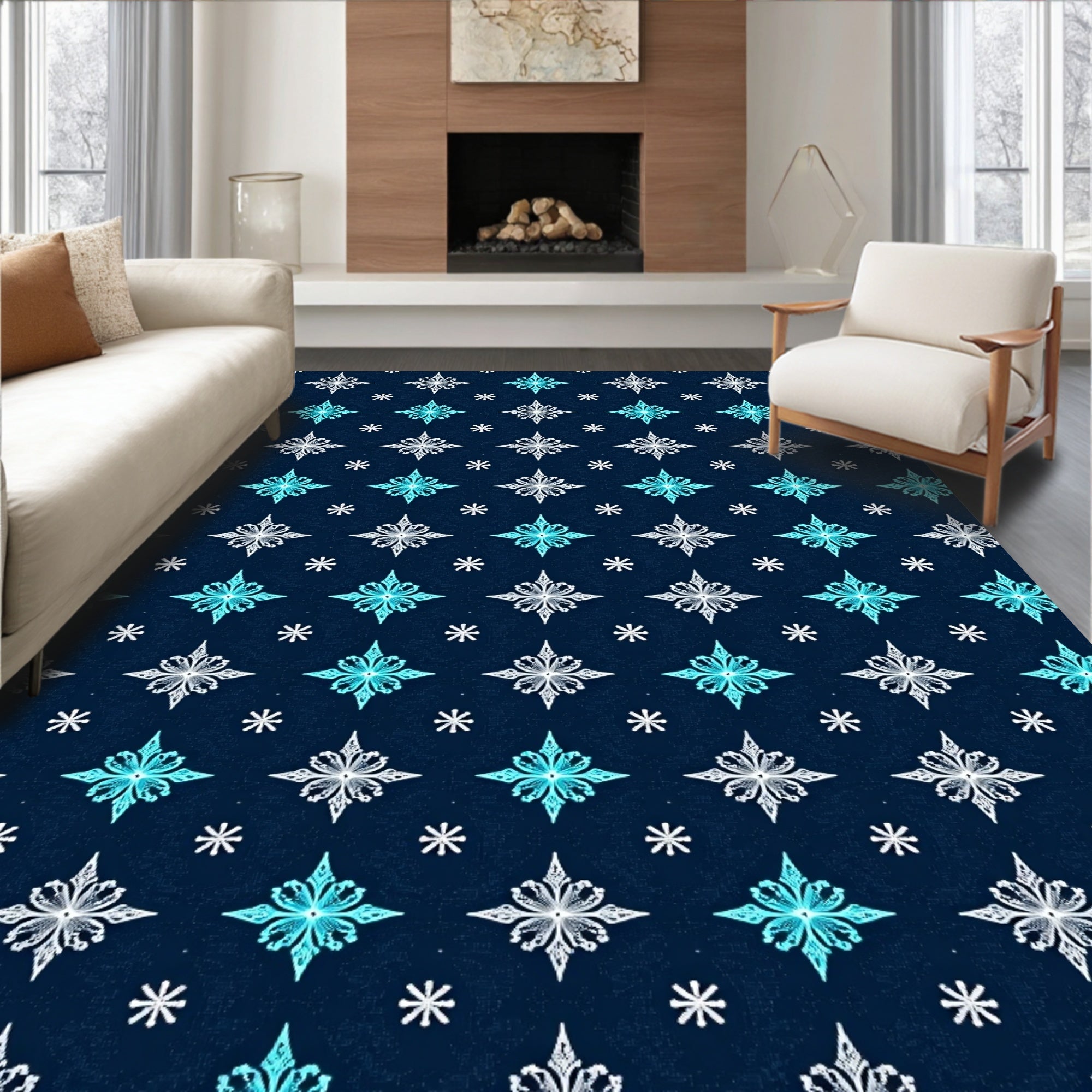 Navy Blue Starburst Floral Geometric Rug